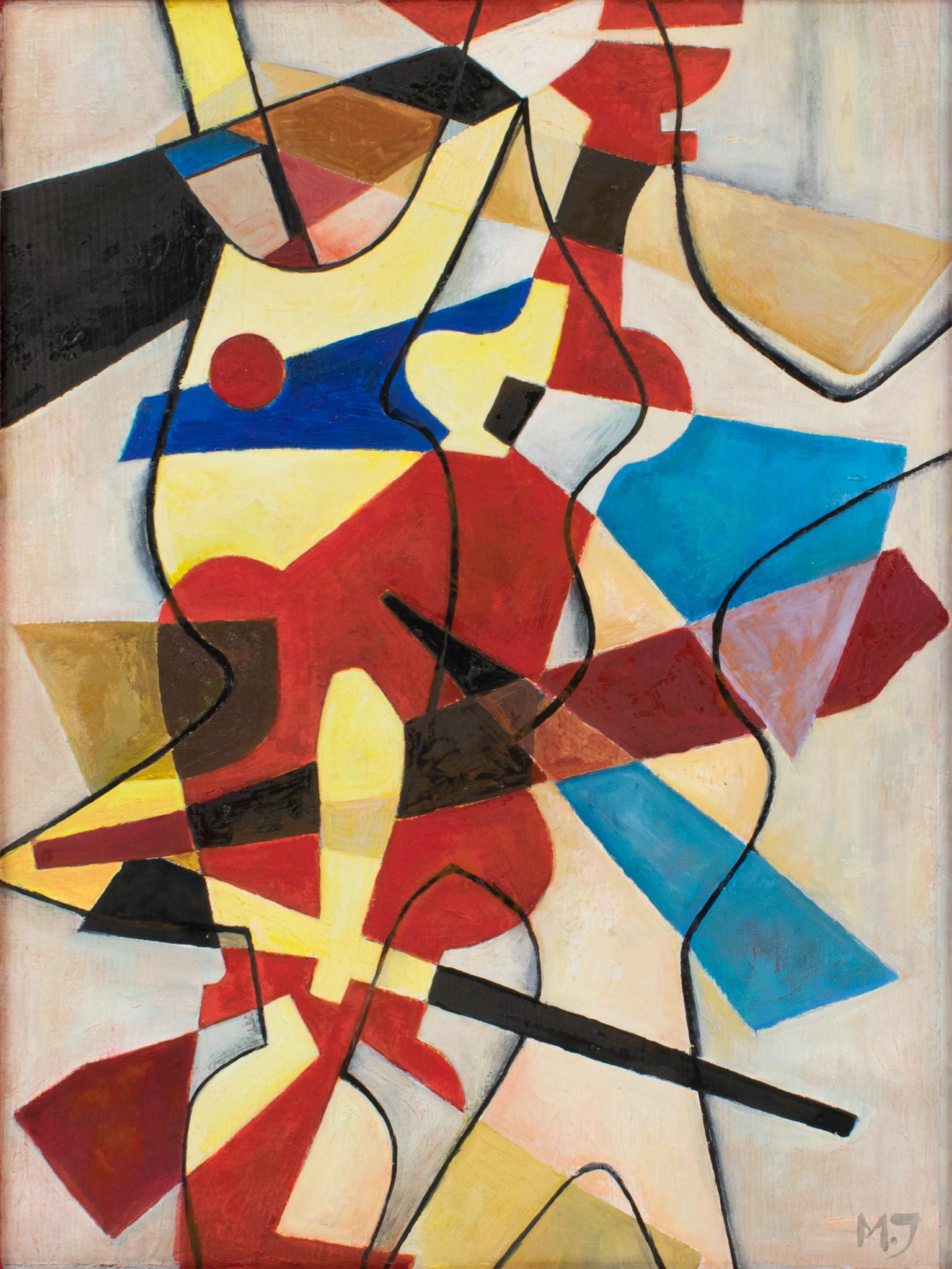 Peinture à l'huile cubiste abstraite multicolore avec monogramme MJ en vente 2