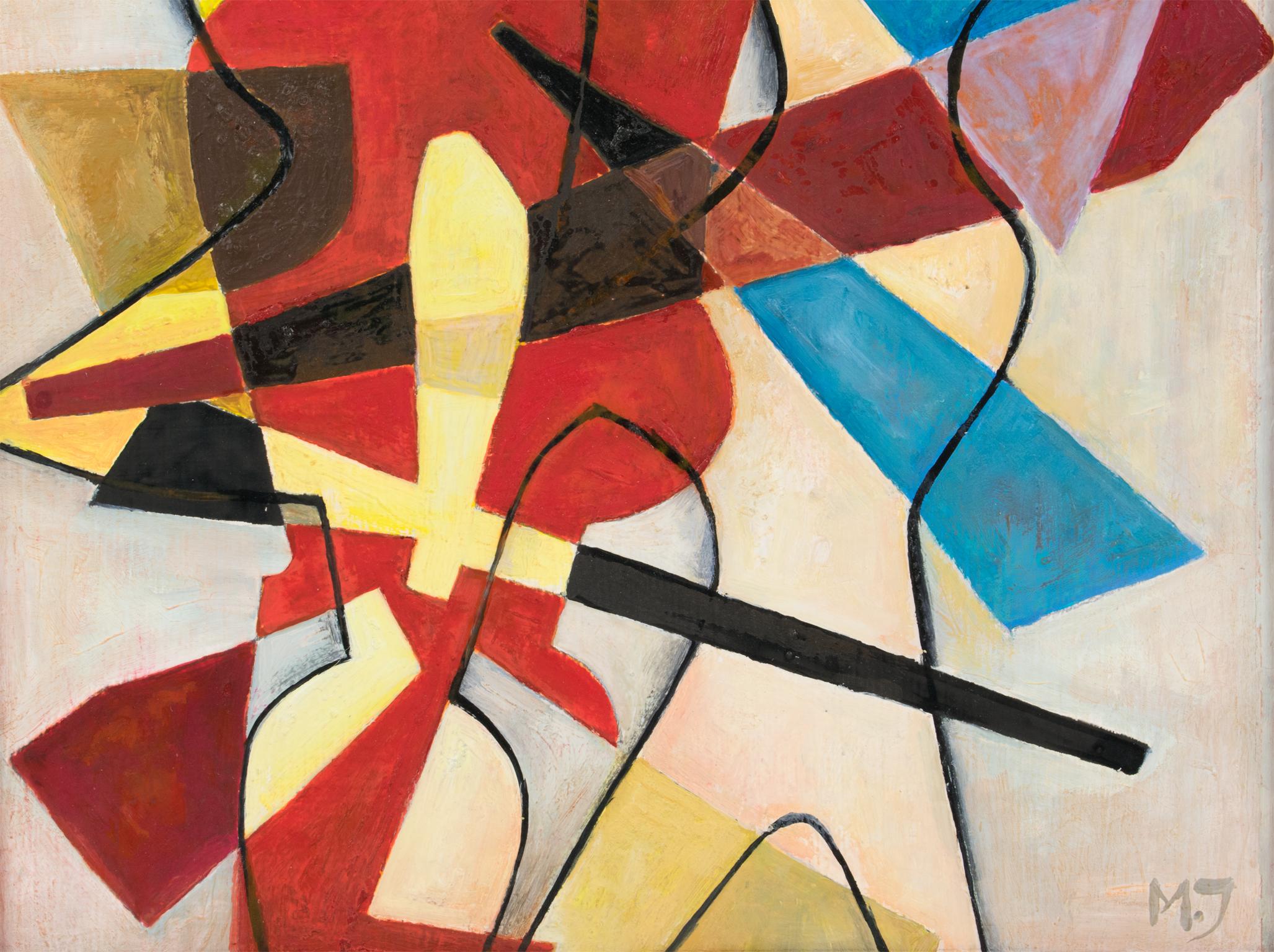 Mehrfarbiges abstraktes kubistisches Ölgemälde mit Monogramm MJ im Angebot 4