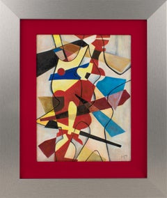 Multicolor Abstract Cubist Oil Painting with Monogram Signature MJ