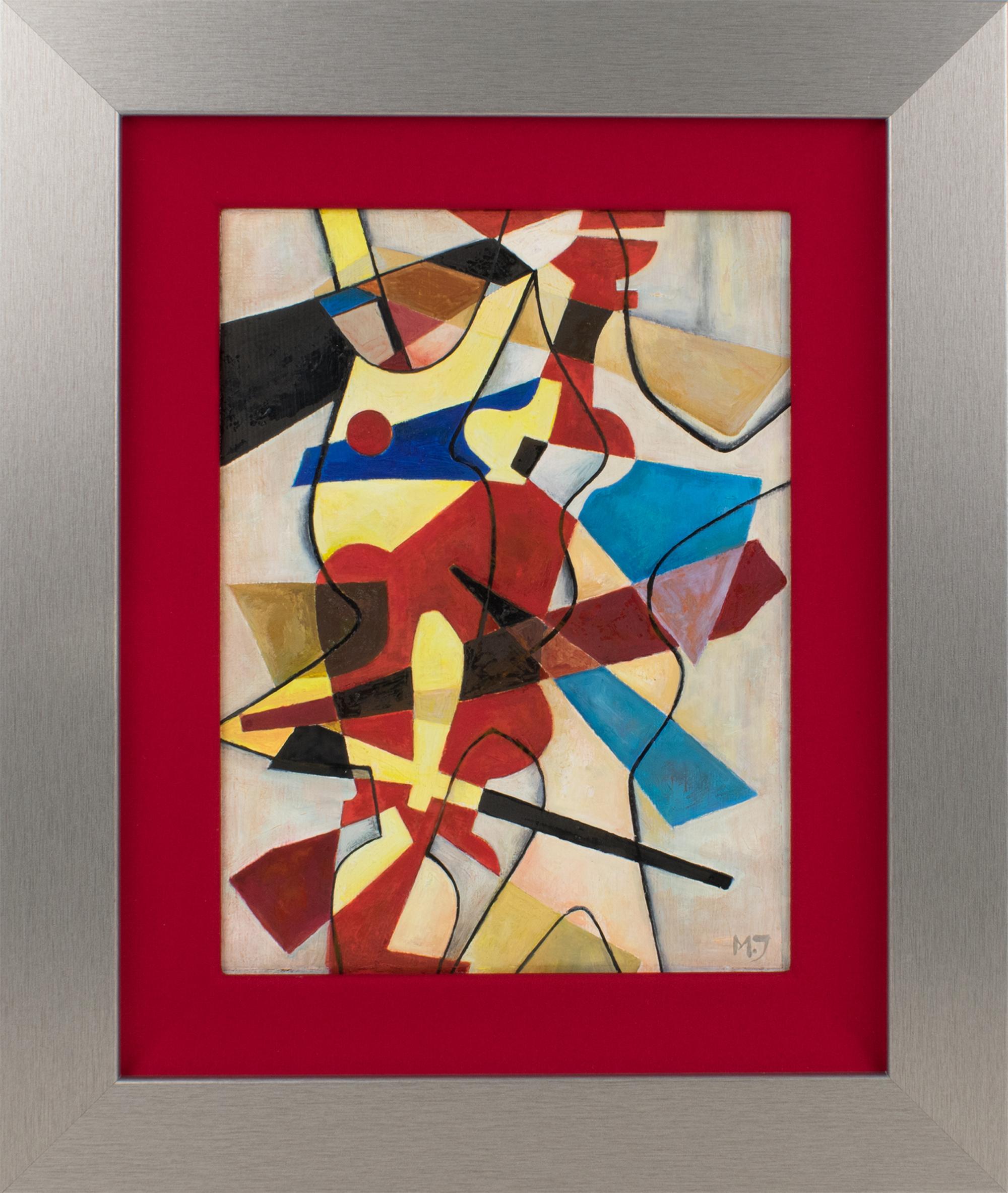 Unknown Abstract Painting - Multicolor Abstract Cubist Oil Painting with Monogram Signature MJ
