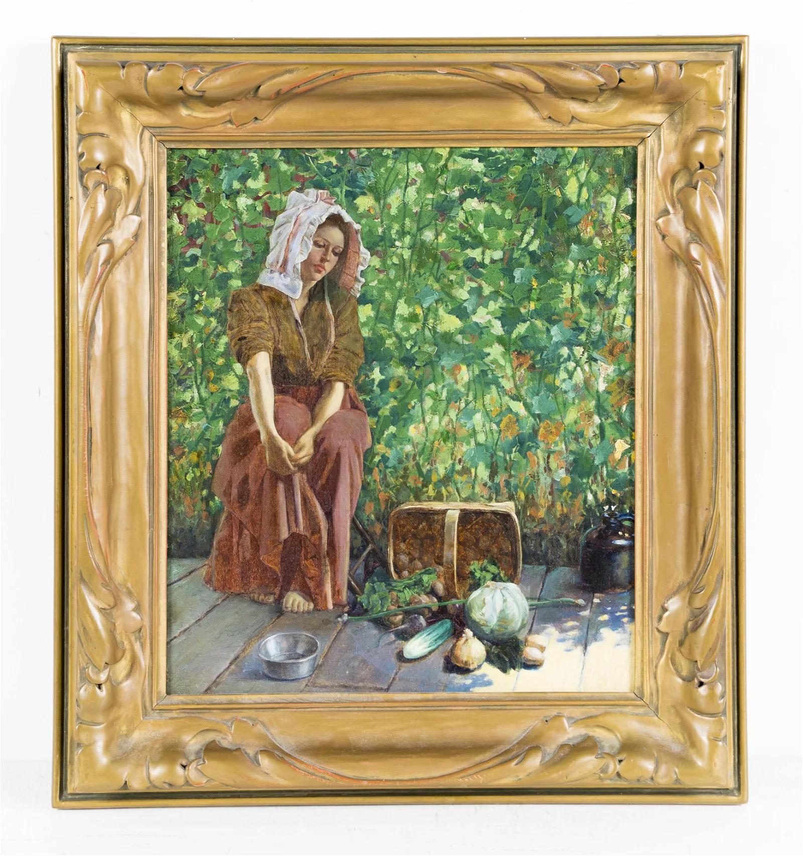 Peinture à l'huile encadrée de qualité musée, pour une jeune femme de l'école américaine - Réalisme Painting par Unknown