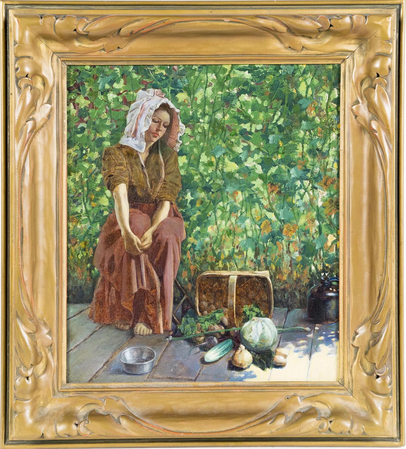 Landscape Painting Unknown - Peinture à l'huile encadrée de qualité musée, pour une jeune femme de l'école américaine