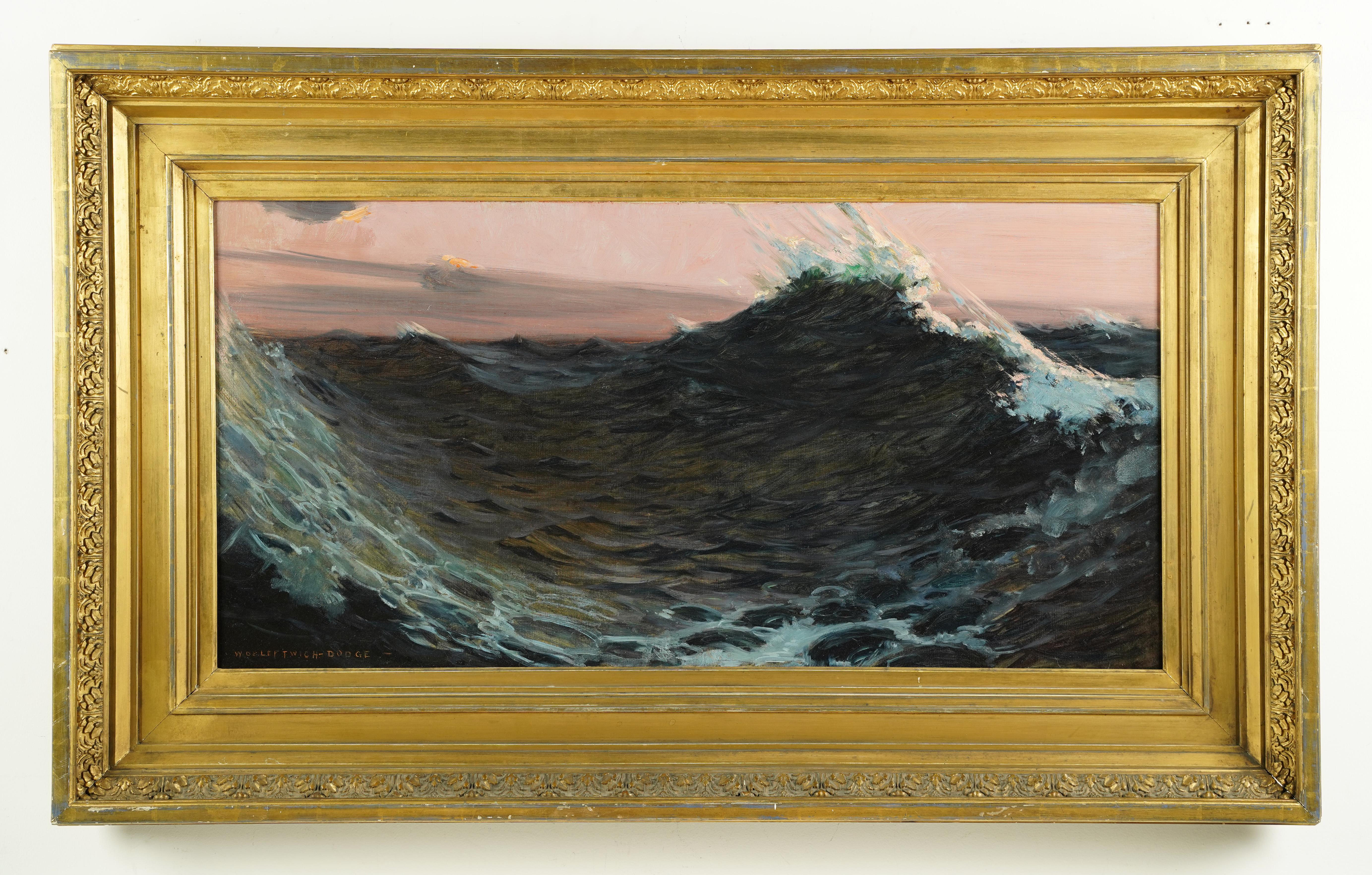 Pintura al óleo grande enmarcada con la firma de un antiguo paisaje marino americano con calidad de museo - Painting Impresionista de William de Leftwich Dodge
