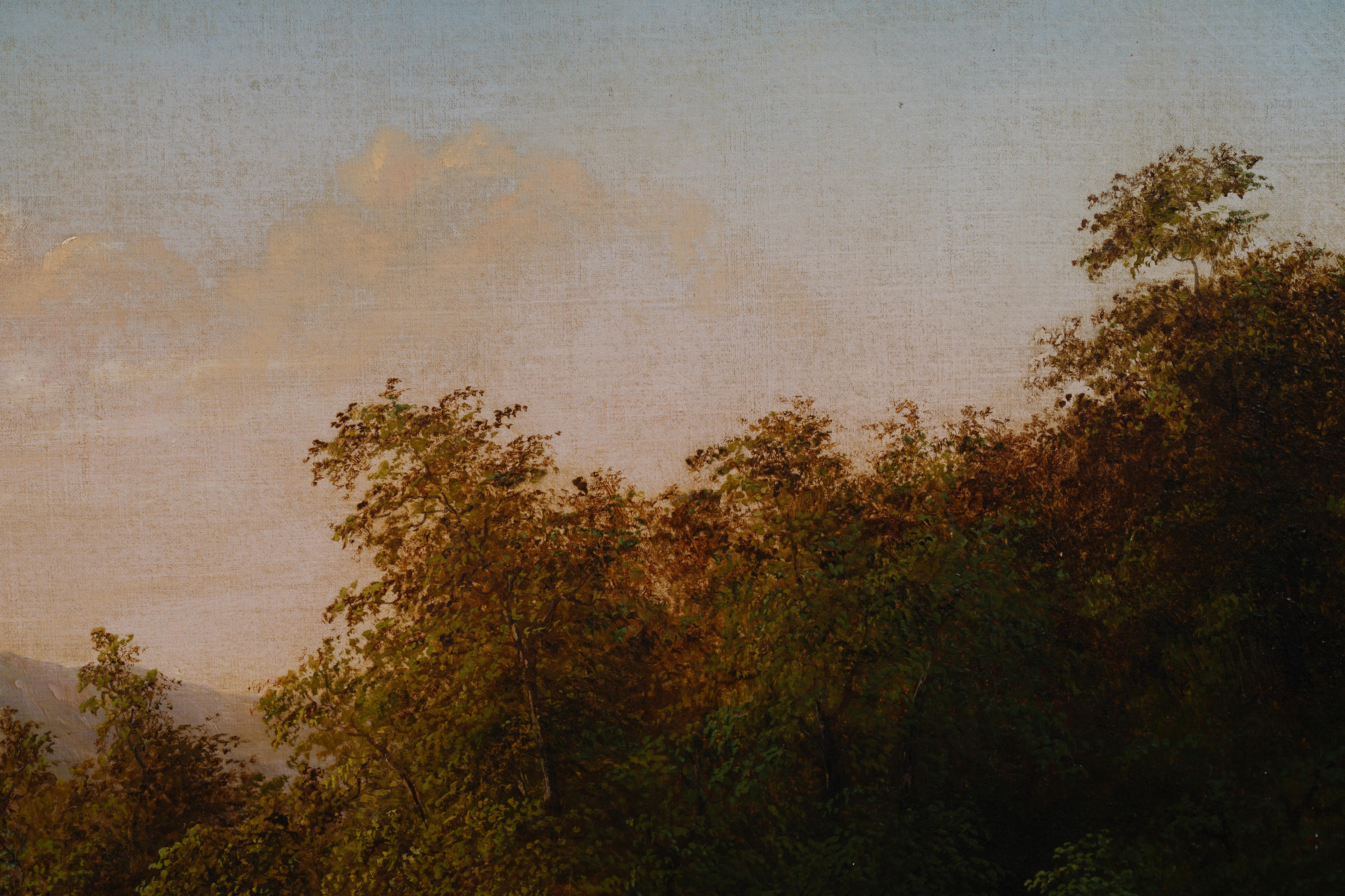 Museum Size Antique American Hudson River School Mountain Deer Framed Painting - Brown Landscape Painting by Unknown