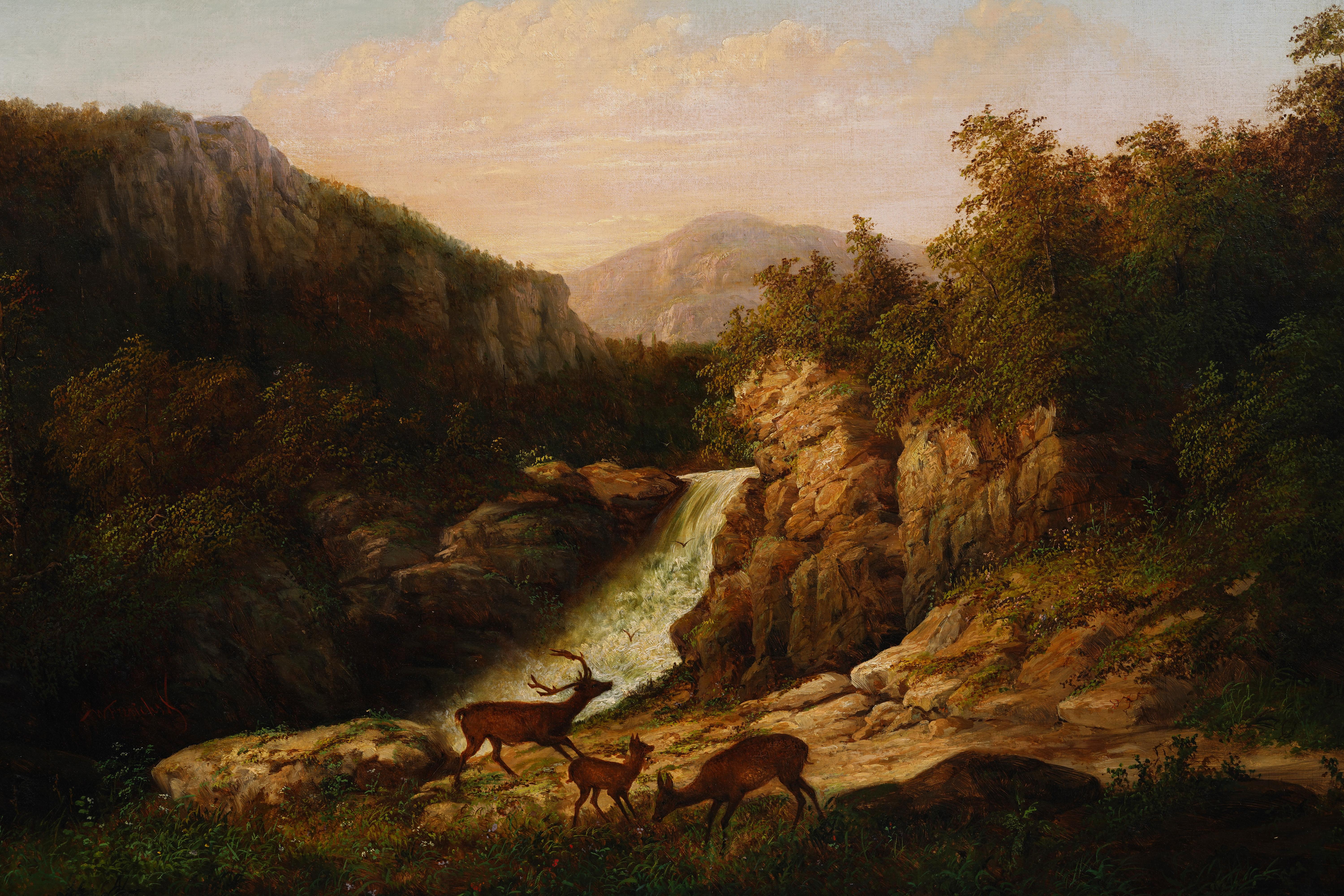 Museum Size Antique American Hudson River School Mountain Deer Framed Painting 1