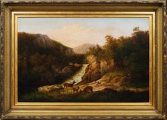 Peinture américaine ancienne de l'Hudson River School encadrée de cerfs de montagne, taille musée