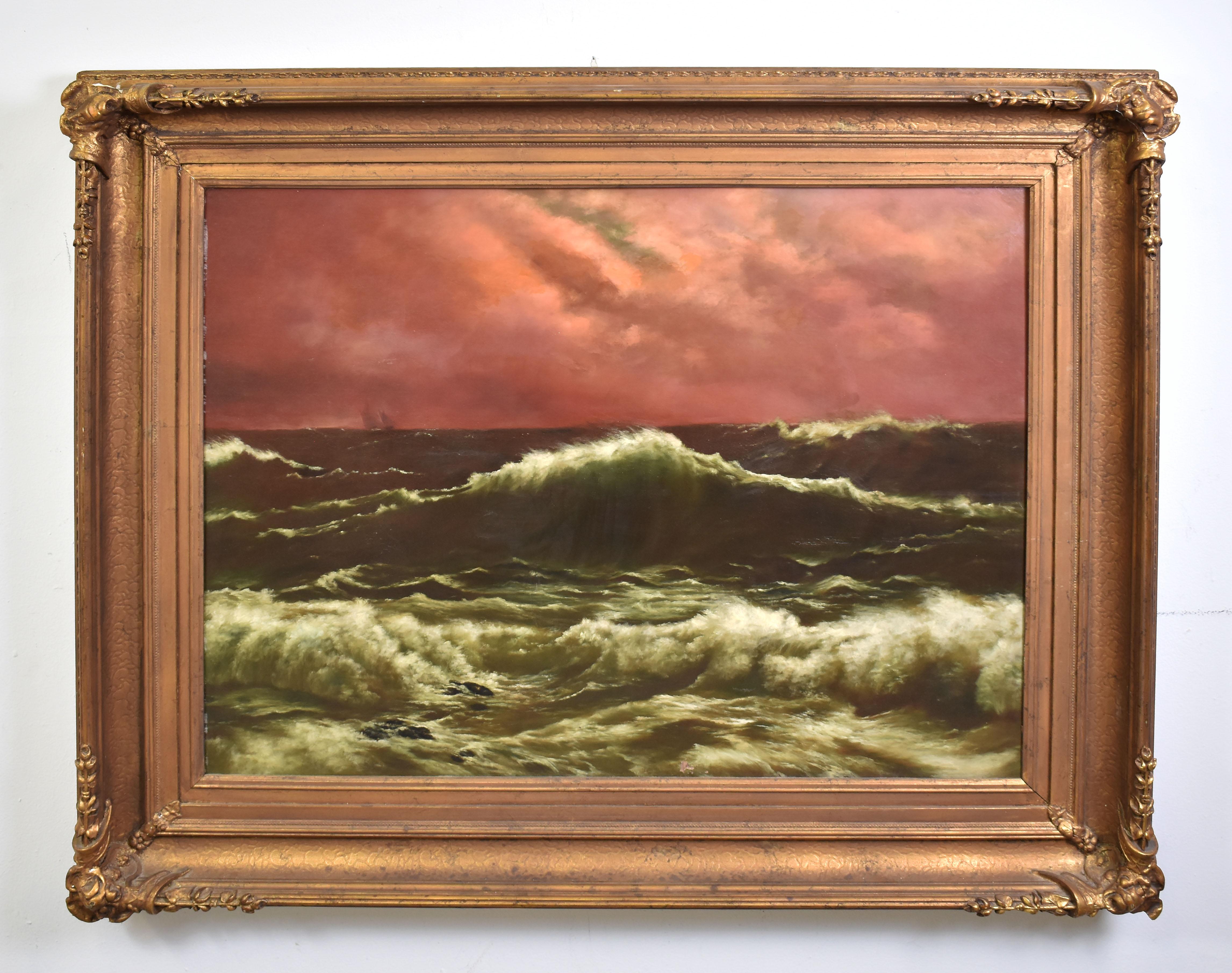 Museum Size Hudson River School Sunset Seascape Ocean Oil Painting - Brown Landscape Painting by Unknown