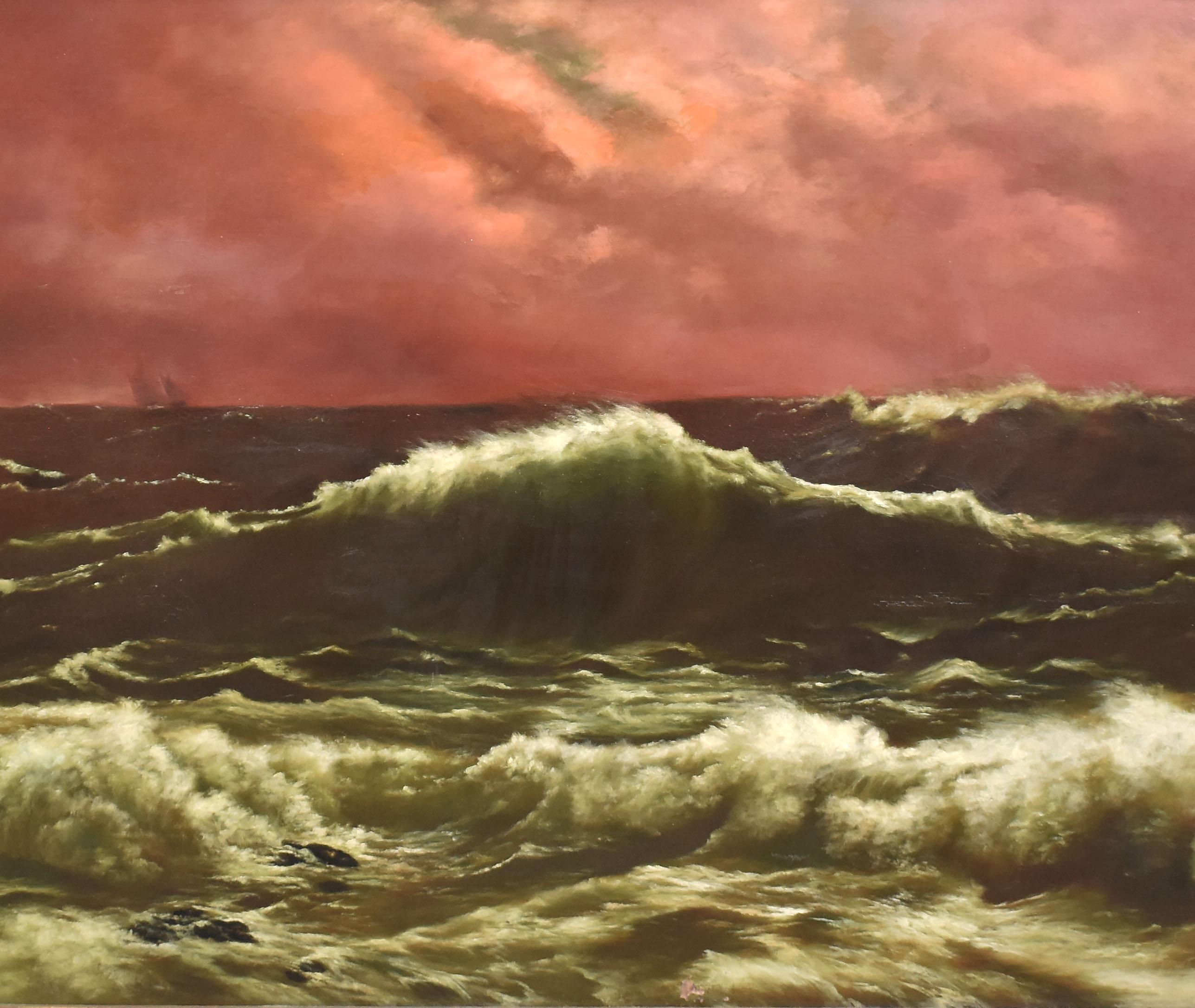 Museum Size Hudson River School Sunset Seascape Ocean Oil Painting 1