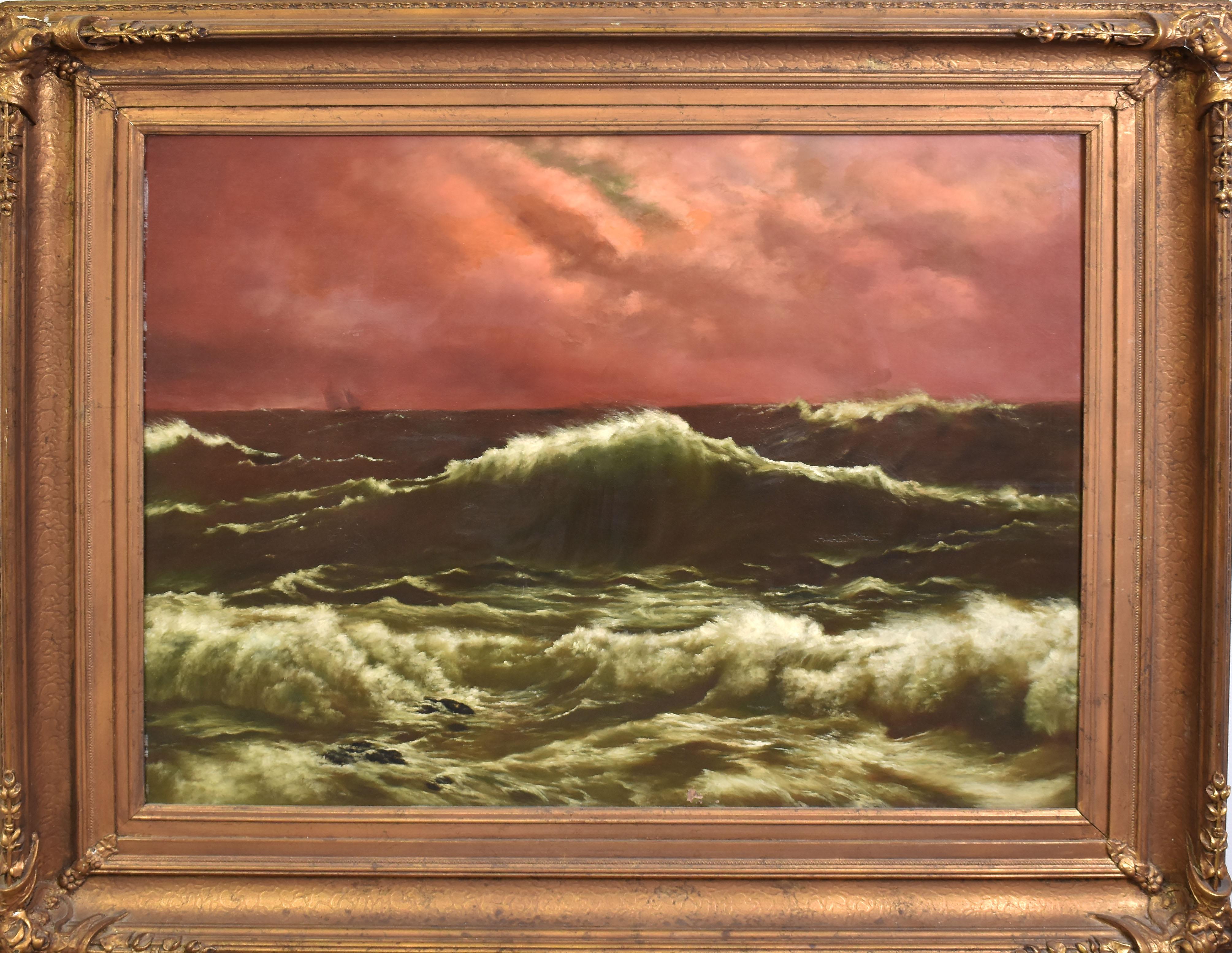 Unknown Landscape Painting - Museum Size Hudson River School Sunset Seascape Ocean Oil Painting