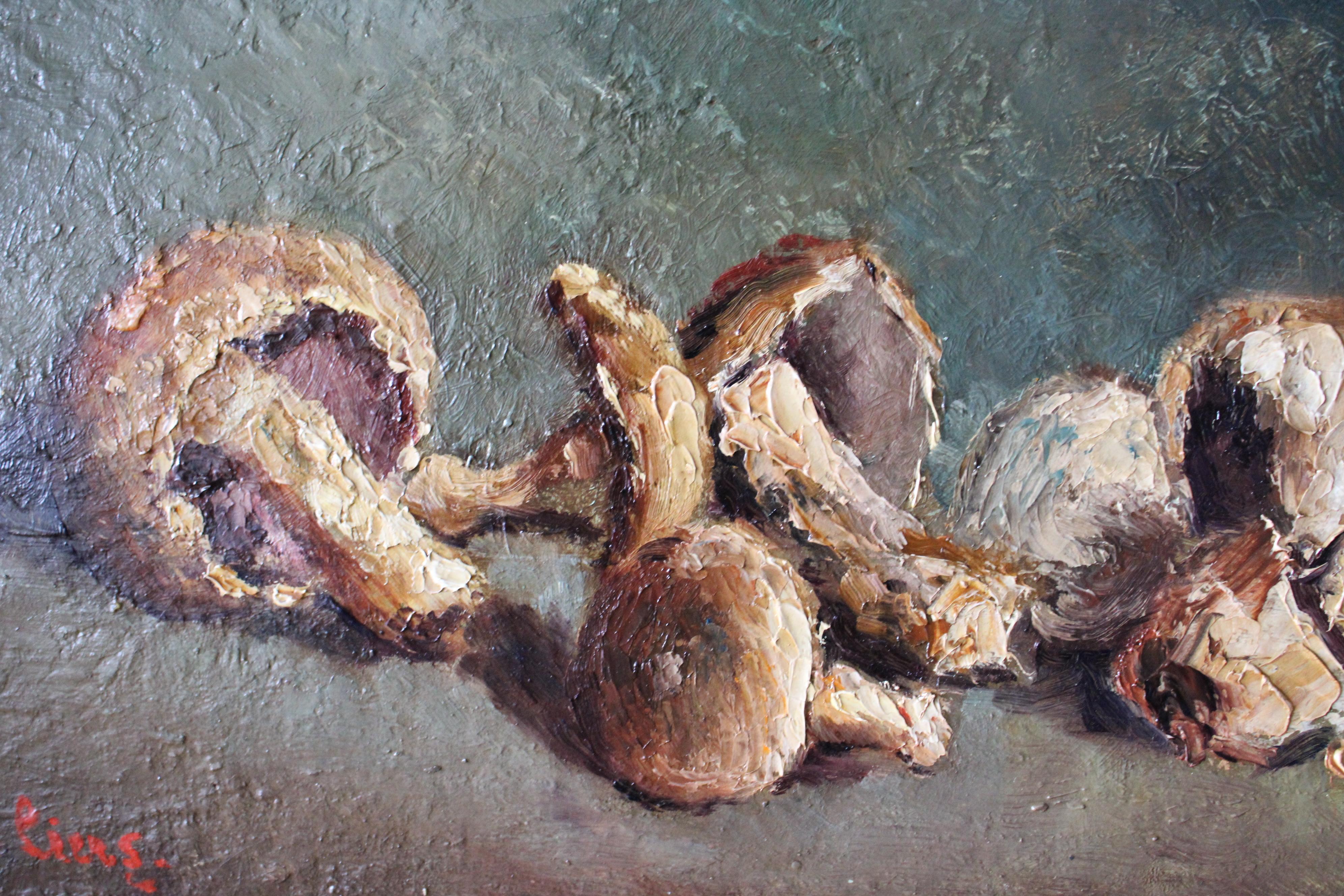 Antike belgische Ölgemälde auf Leinwand von impressionistischen Pilzen.  Dieses reizvolle Ölgemälde auf Leinwand ist einfach im Aufbau, aber groß in der Wirkung.  Hier hat uns der Künstler eine seltene Auswahl an impressionistischen Pilzen