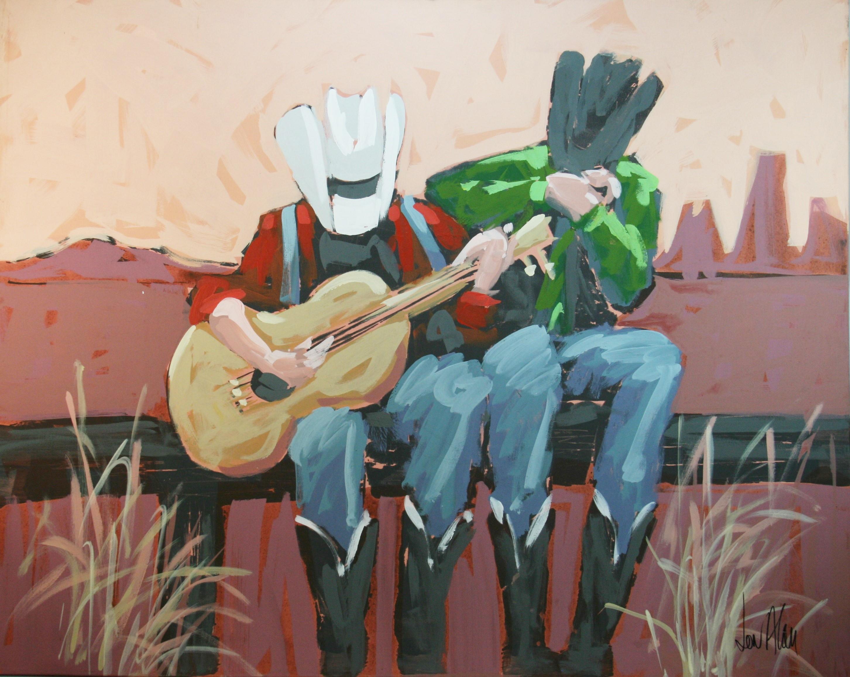 Modern Figurative Musical Cowboys Oversized Acrylic Painting - Gray Figurative Painting by Unknown