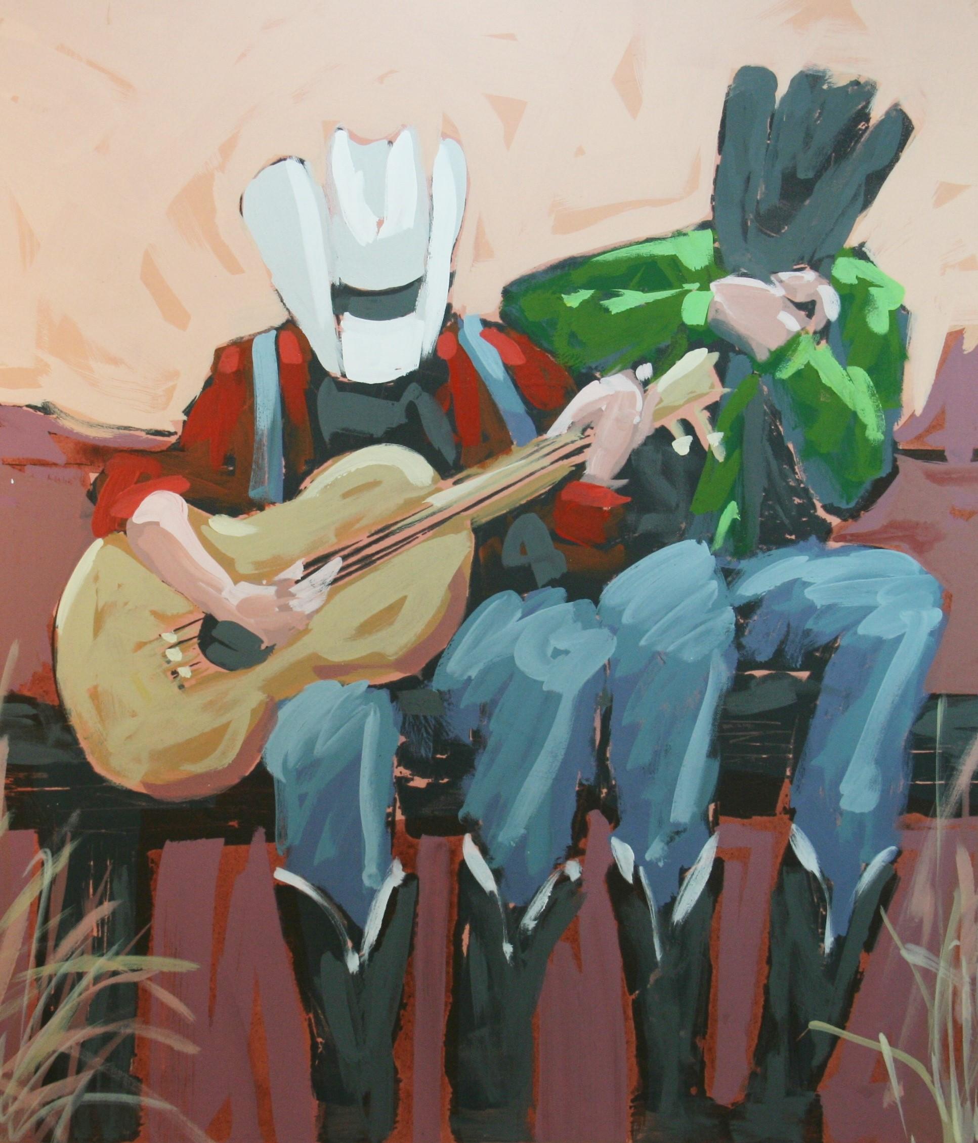 4017  Oversized acrylic on rapped canvas of two cowboys playing music
Signed Jon Alan
