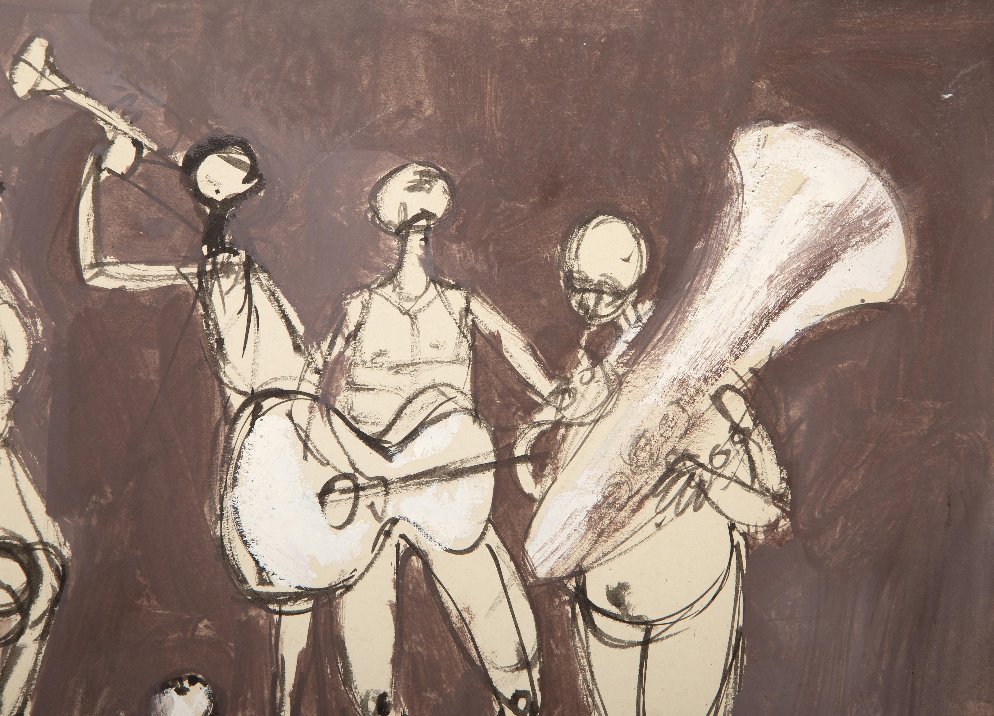 Musicisti e acrobati, Gouache moderna su tavola di un artista sconosciuto - Painting di Unknown