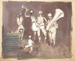 Musiciens et acrobates, gouache moderne sur carton par l'artiste Unknown