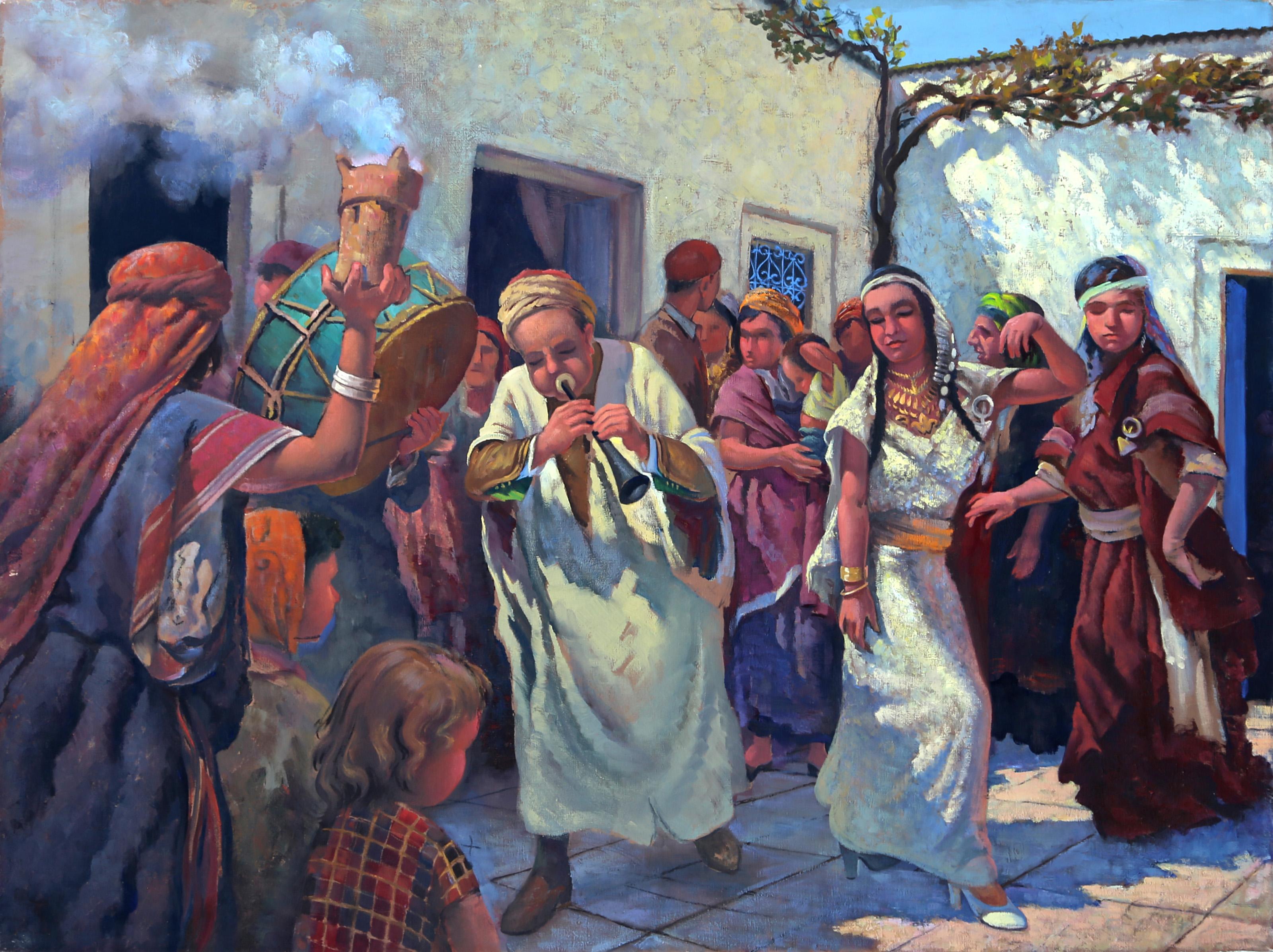 Jalal Gharbi, Tunisien/Américain (1920 - 2005) - Musiciens dans la rue, Année :  circa 1970, Medium :  Huile sur toile, Taille :  36 x 48 in. (91.44 x 121.92 cm), Description :  Peinture à l'huile représentant des musiciens du Moyen-Orient dans la
