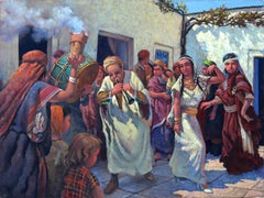 Músicos en la calle, Pintura al óleo sobre lienzo de arte popular de Jalal Gharbi