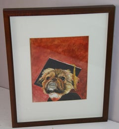 My Dog's Graduation Day Gouache on Paper, Framed, Signed, 1980s