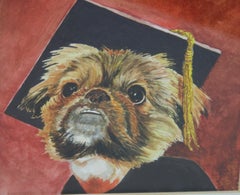 My Dog's Graduation Day Gouache on Paper, Framed, Signed, 1980s