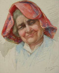 My Italian Nonna Gouache Portrait, Signed, 1940s, Framed