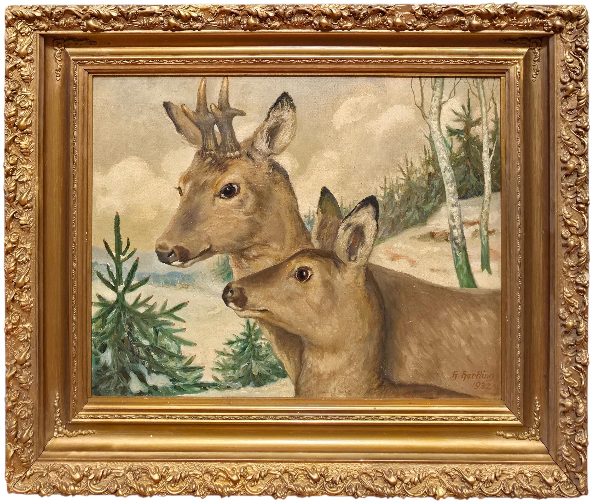 Unknown Animal Painting - My Little Joy in Winter Many Days Hunting, Roe Deer, Jagdmalerei, Heimatkunst