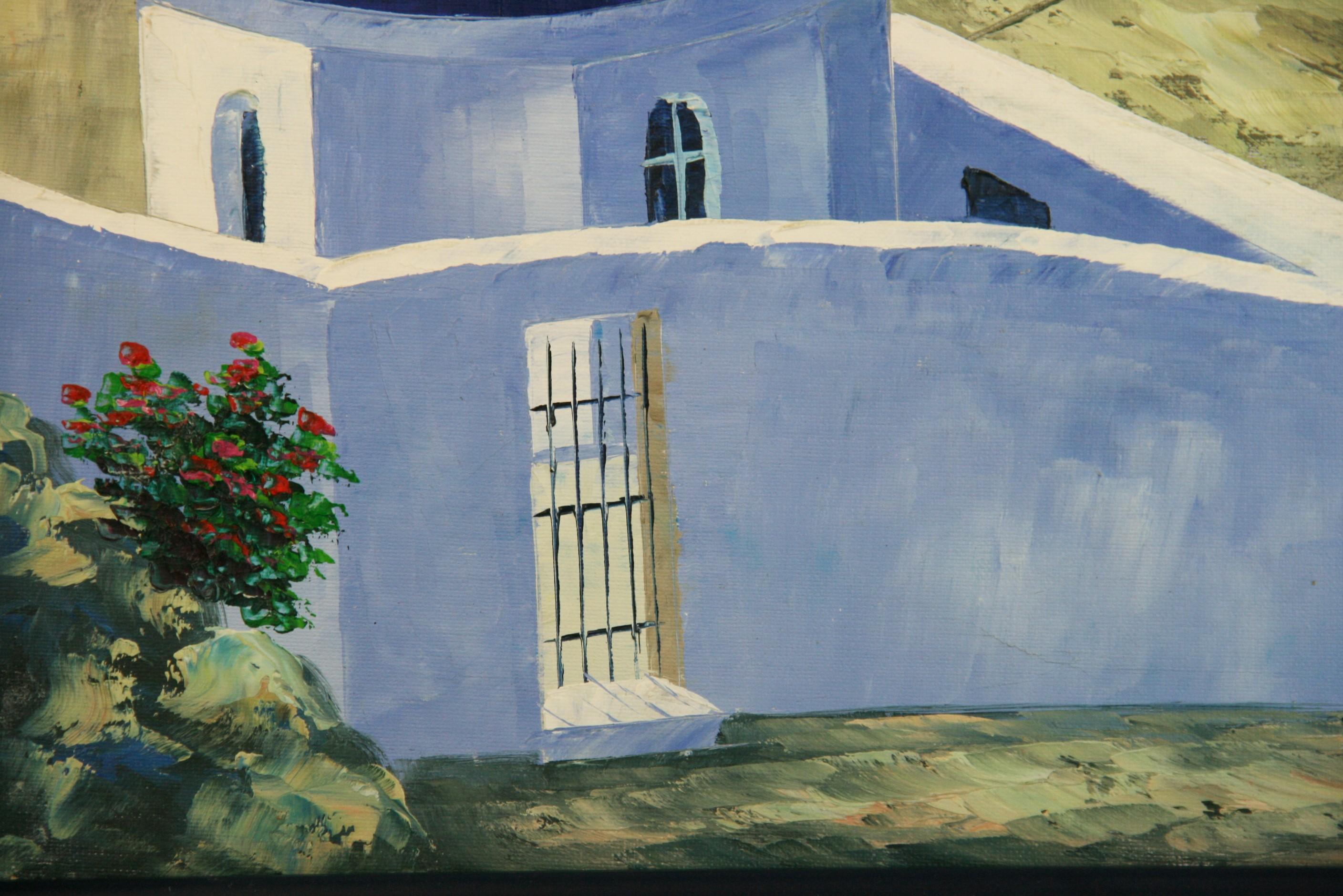 3950 Mykonos Greece sea view landscape oil painting.
Canvas applied to board set in a blue wood frame
