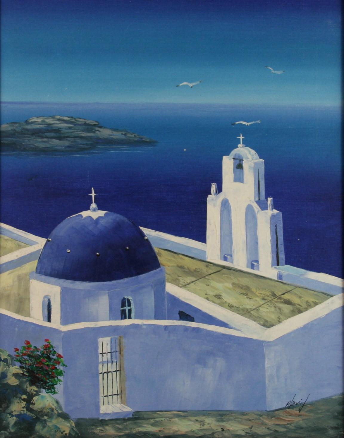 Mykonos Griechenland Meeresansicht, Öl-Landschaft (Grau), Landscape Painting, von Unknown