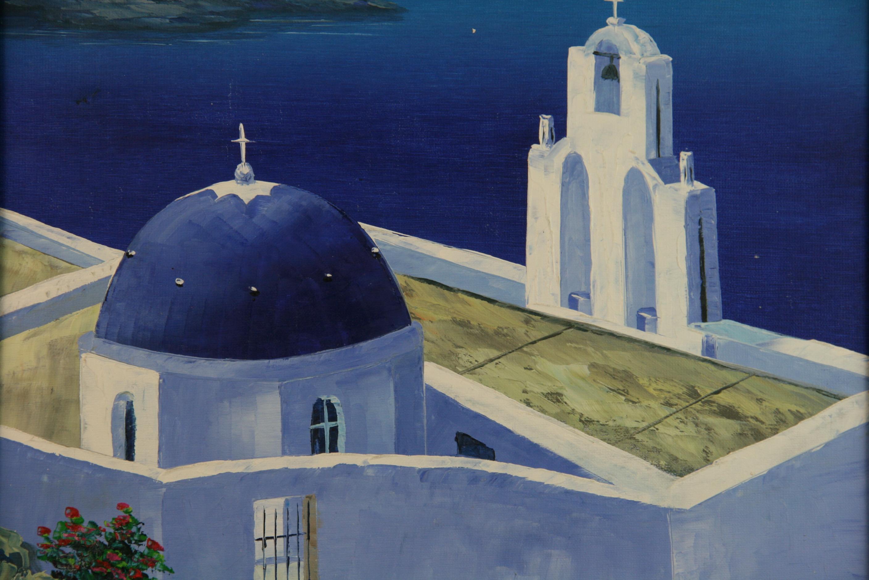 3950 Mykonos Griechenland Meerblick Landschaft Ölgemälde.
Leinwand auf Karton in einem blauen Holzrahmen