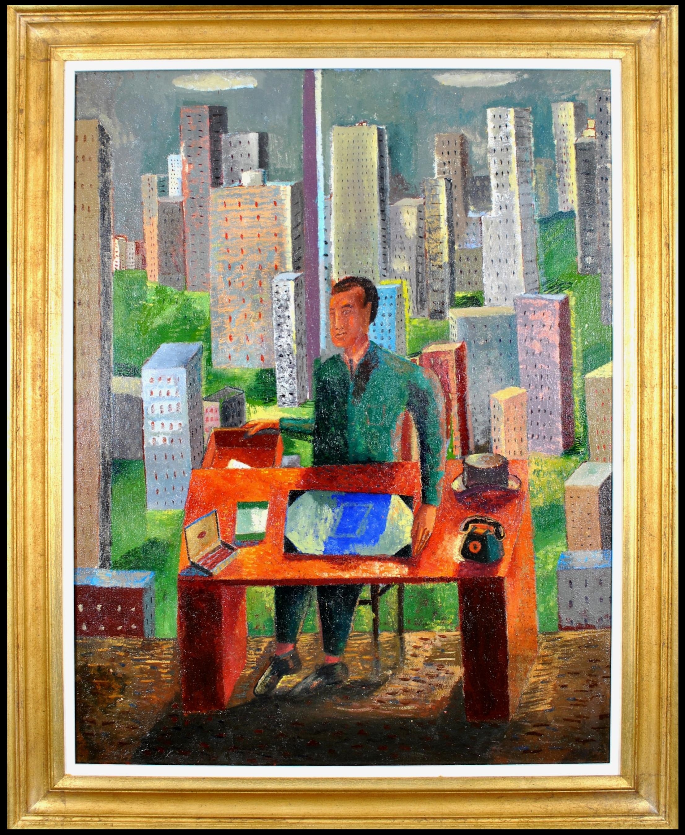 Unknown Figurative Painting – Myself as a Big Boss in New York – Großes figuratives Porträt-Ölgemälde