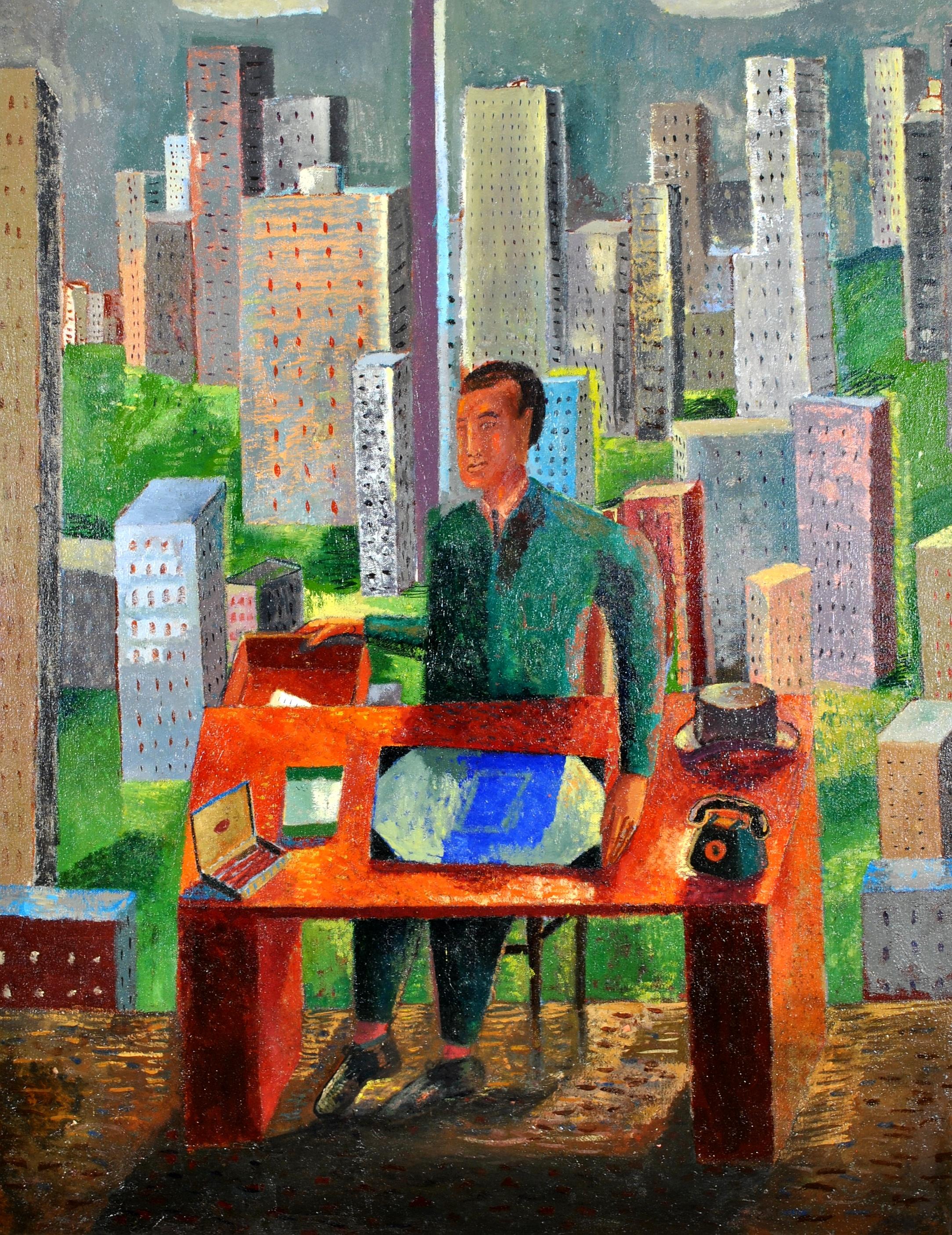 Fine large 20th century oil on canvas self portrait of the artist as a Big Boss in New York. Inscribed twice with title on the reverse. Excellent quality work by an unknown artist. Presented in a bespoke gilt frame.

Artist: 20th Century