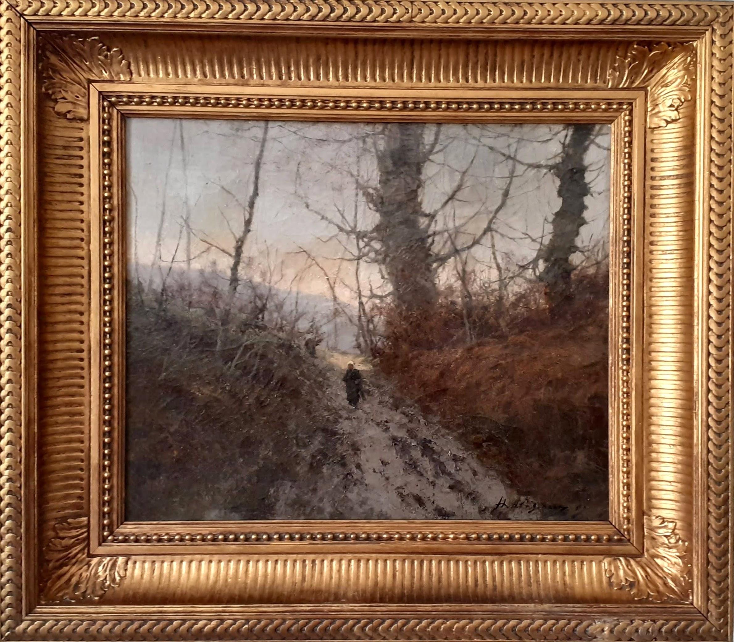 Mysterious French Barbizon Grez Fontainebleau forest scene landscape painting - Painting by Unknown