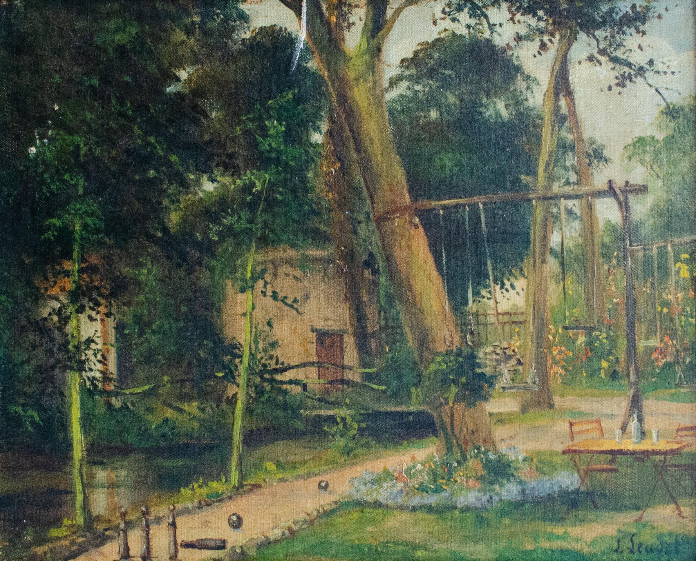 Artista europeo misterioso, dipinto da giardino firmato - Painting di Unknown