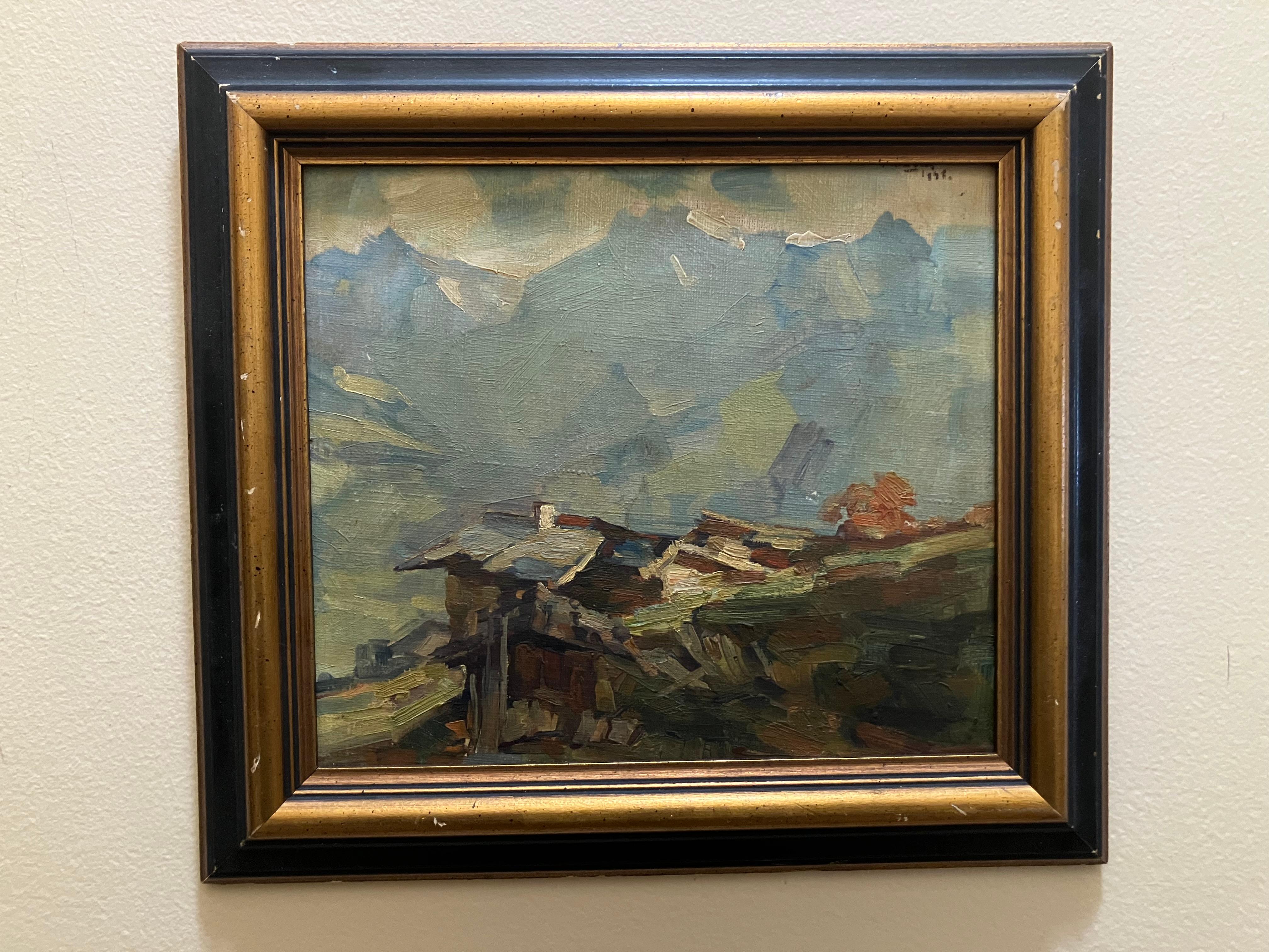 Mistero Impressionista paesaggio di montagna con Cabine - Painting di Unknown