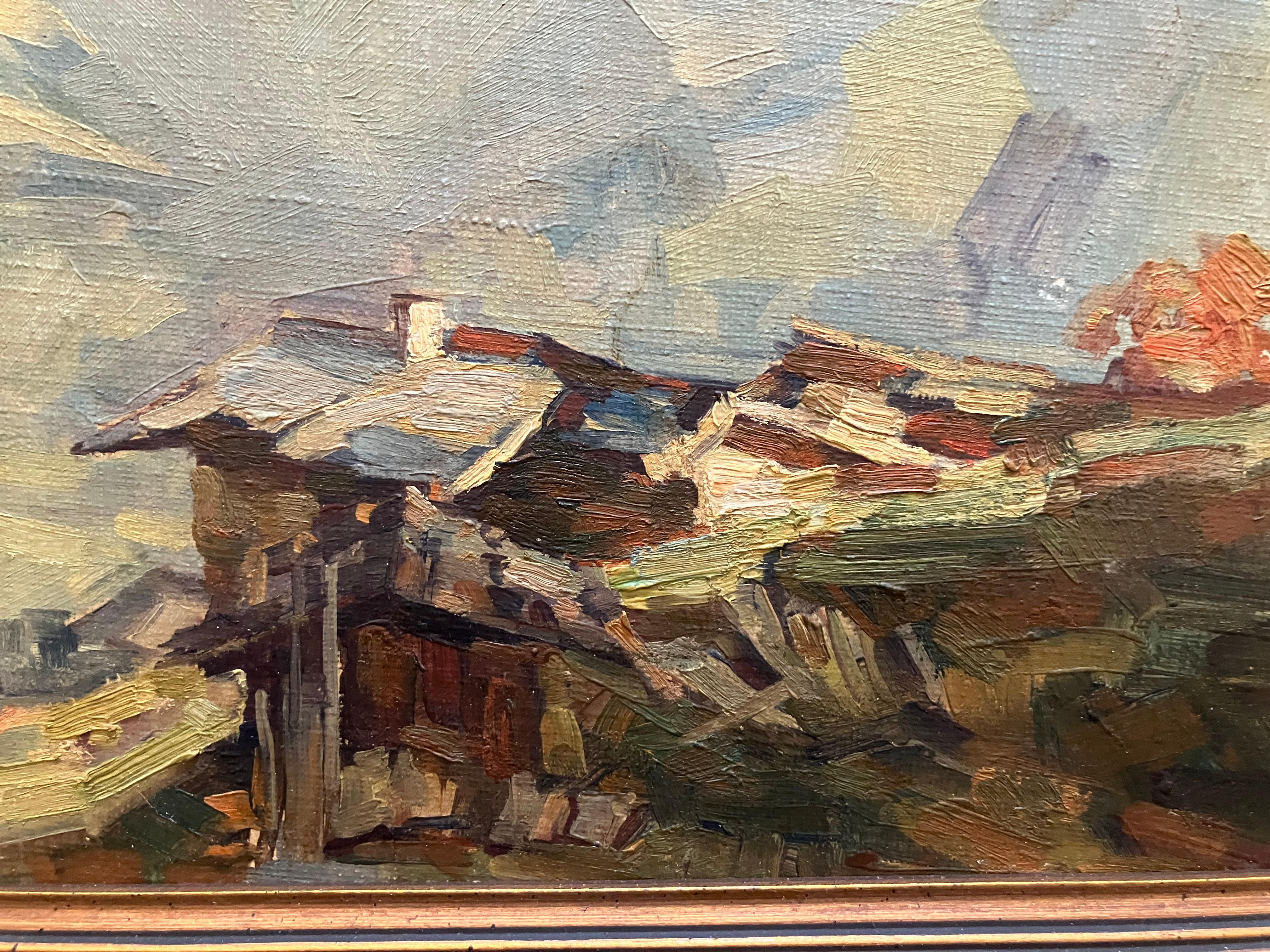 Mistero Impressionista paesaggio di montagna con Cabine - Landscape Painting Marrone di Unknown