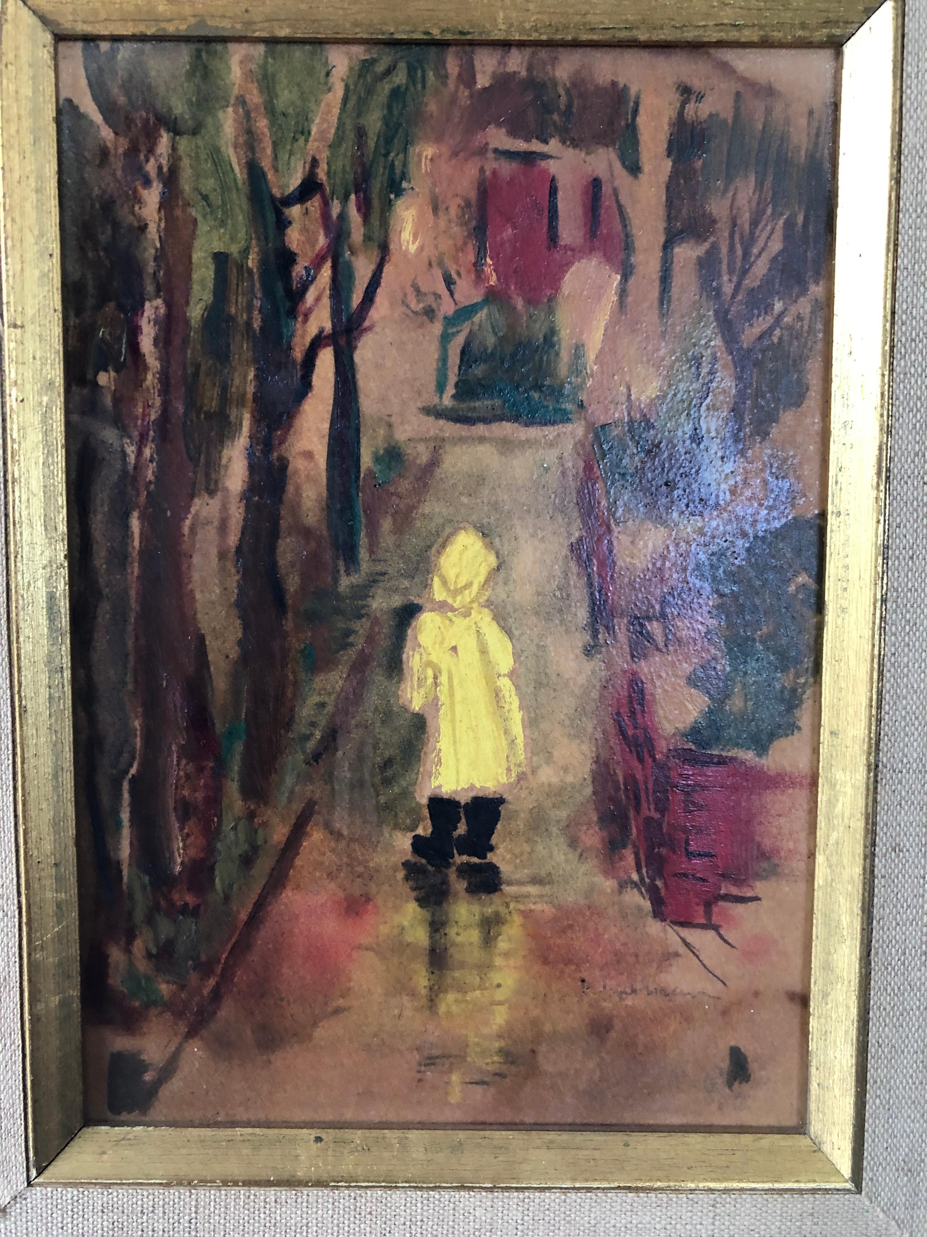 Unknown Landscape Painting - Mystery Mid 20th Century Expressionist Oil on Board "Walking in The Rain"