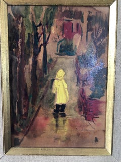 Mystery Mid 20th Century Expressionist Oil on Board "Walking in The Rain"