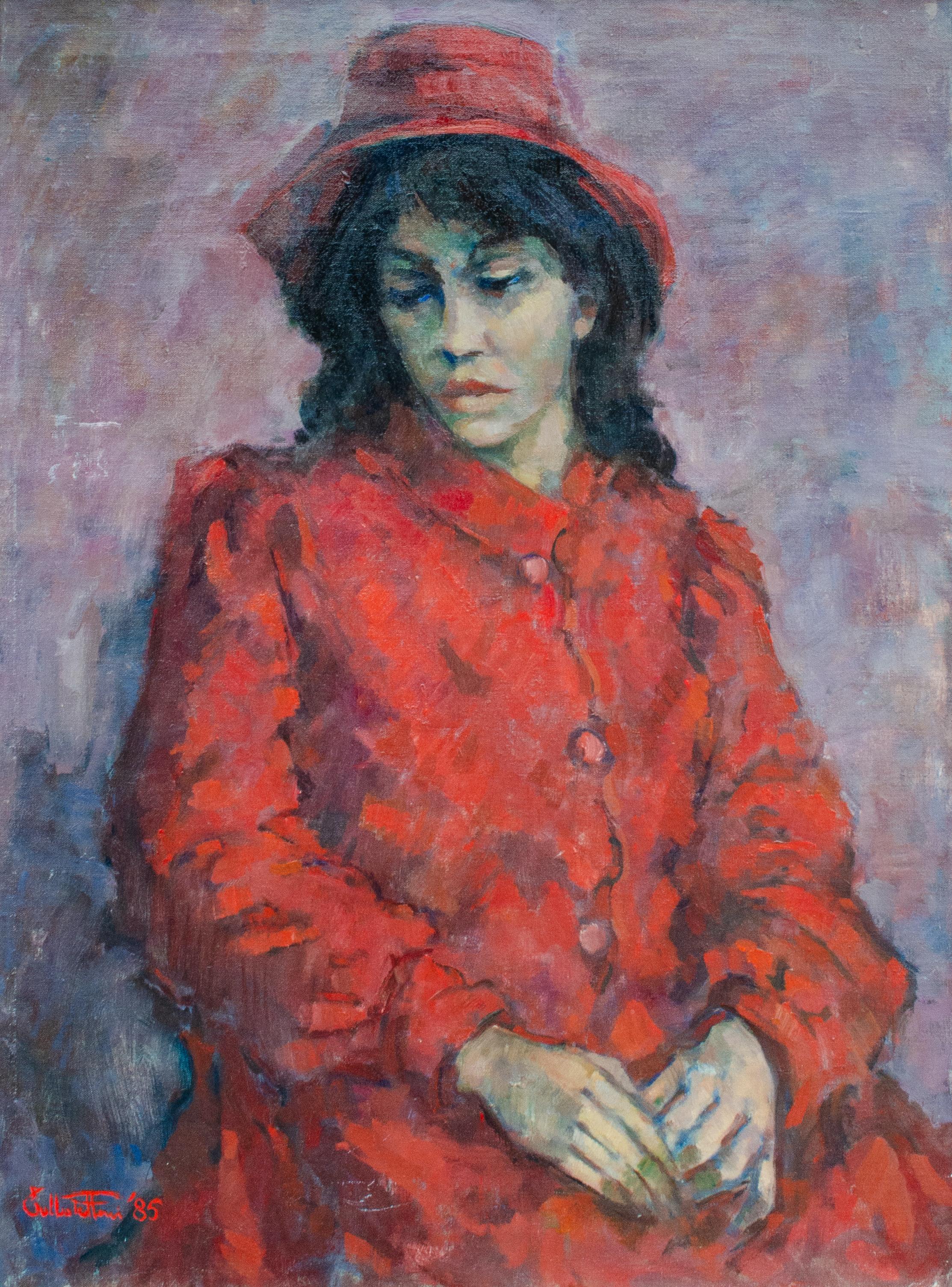Mystery Modernistisches italienisches Künstlerporträt einer Frau mit Hut – Painting von Unknown