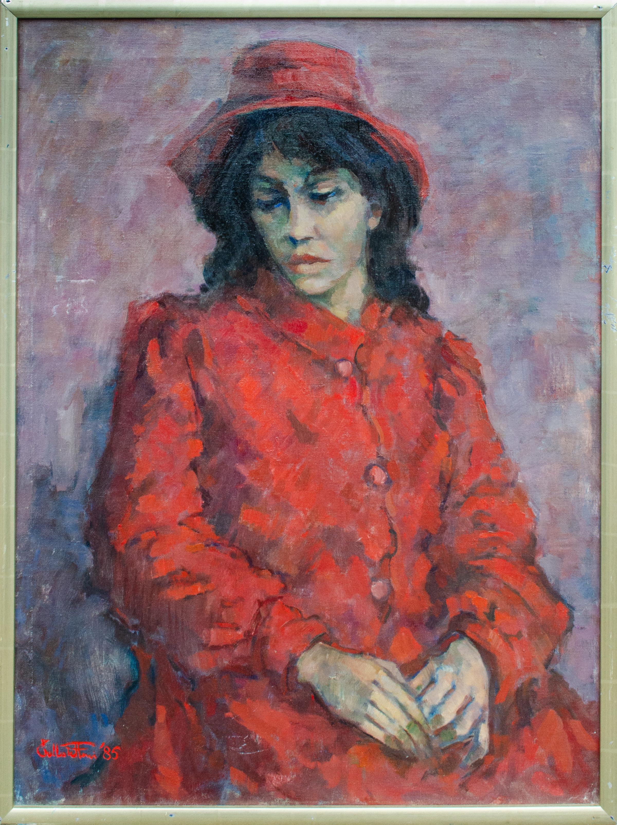 Unknown Portrait Painting – Mystery Modernistisches italienisches Künstlerporträt einer Frau mit Hut