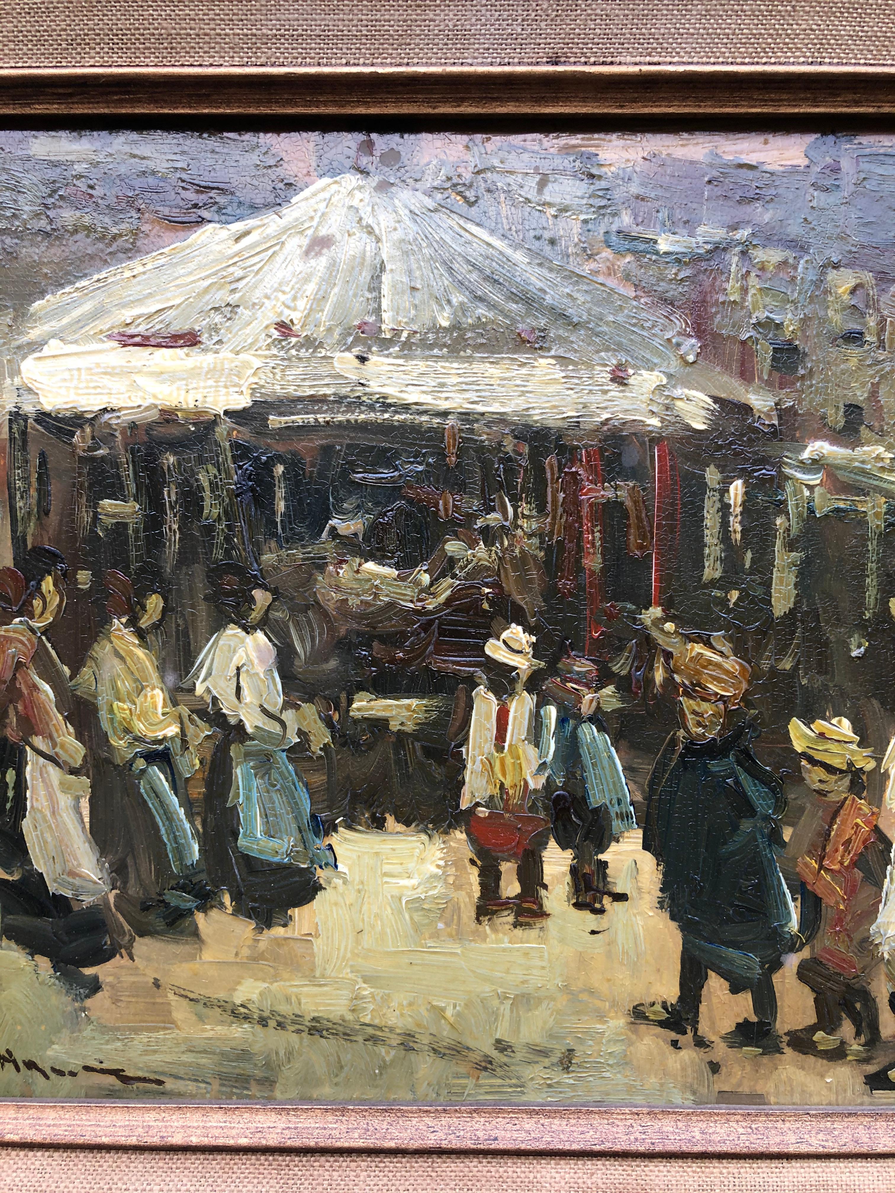 Mystery Spanish Impressionistic Merry Go Round Öl auf Karton (Braun), Figurative Painting, von Unknown