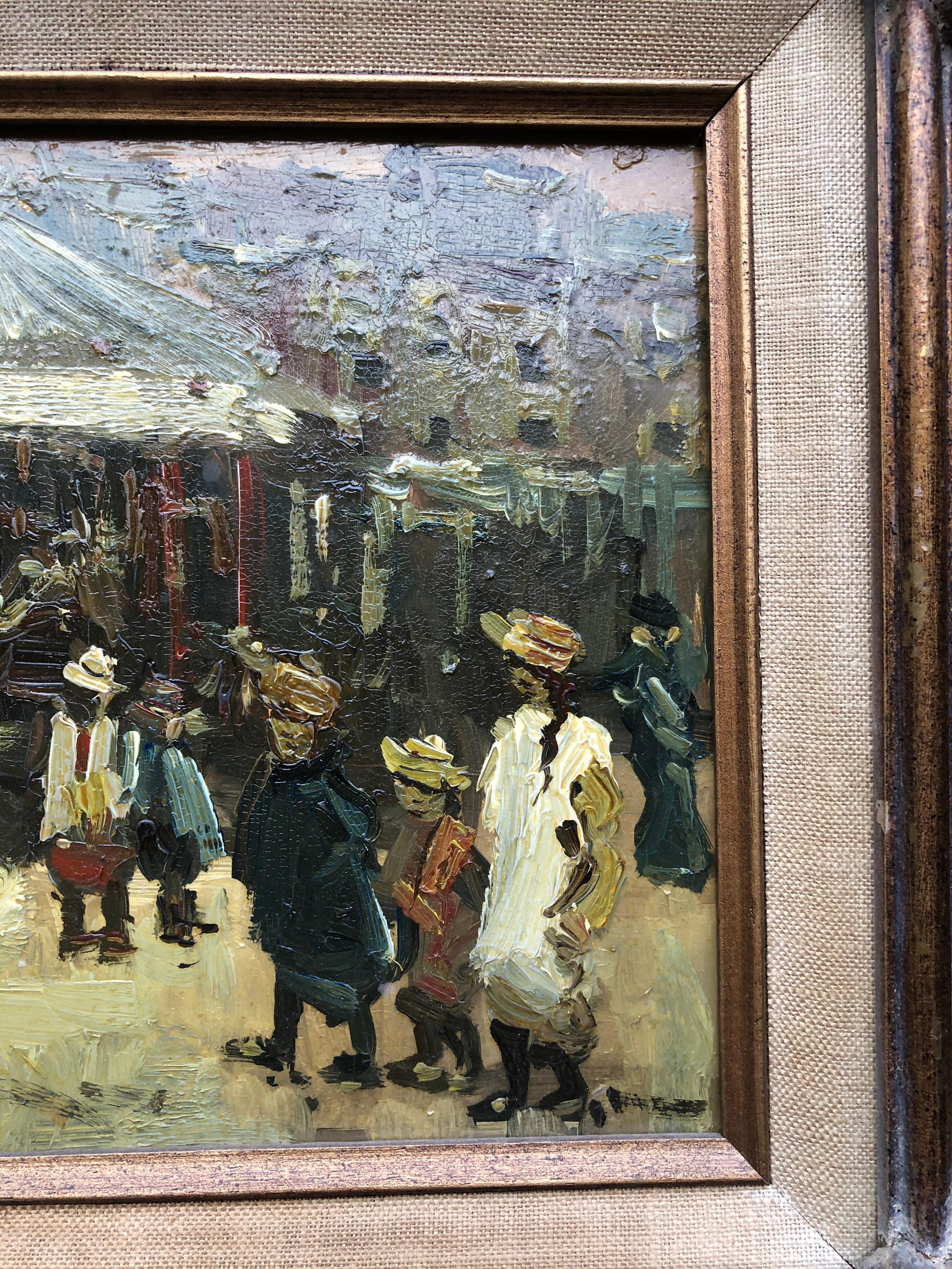 Ein etwas rätselhaftes Gemälde. Wirklich gut ausgeführtes impressionistisches Gemälde, das verschiedene Figuren auf einem Karussell zeigt. Er ist unterschrieben, aber ich kann ihn nicht entziffern. Es ist Öl auf Karton messen 10 Zoll breit von 8