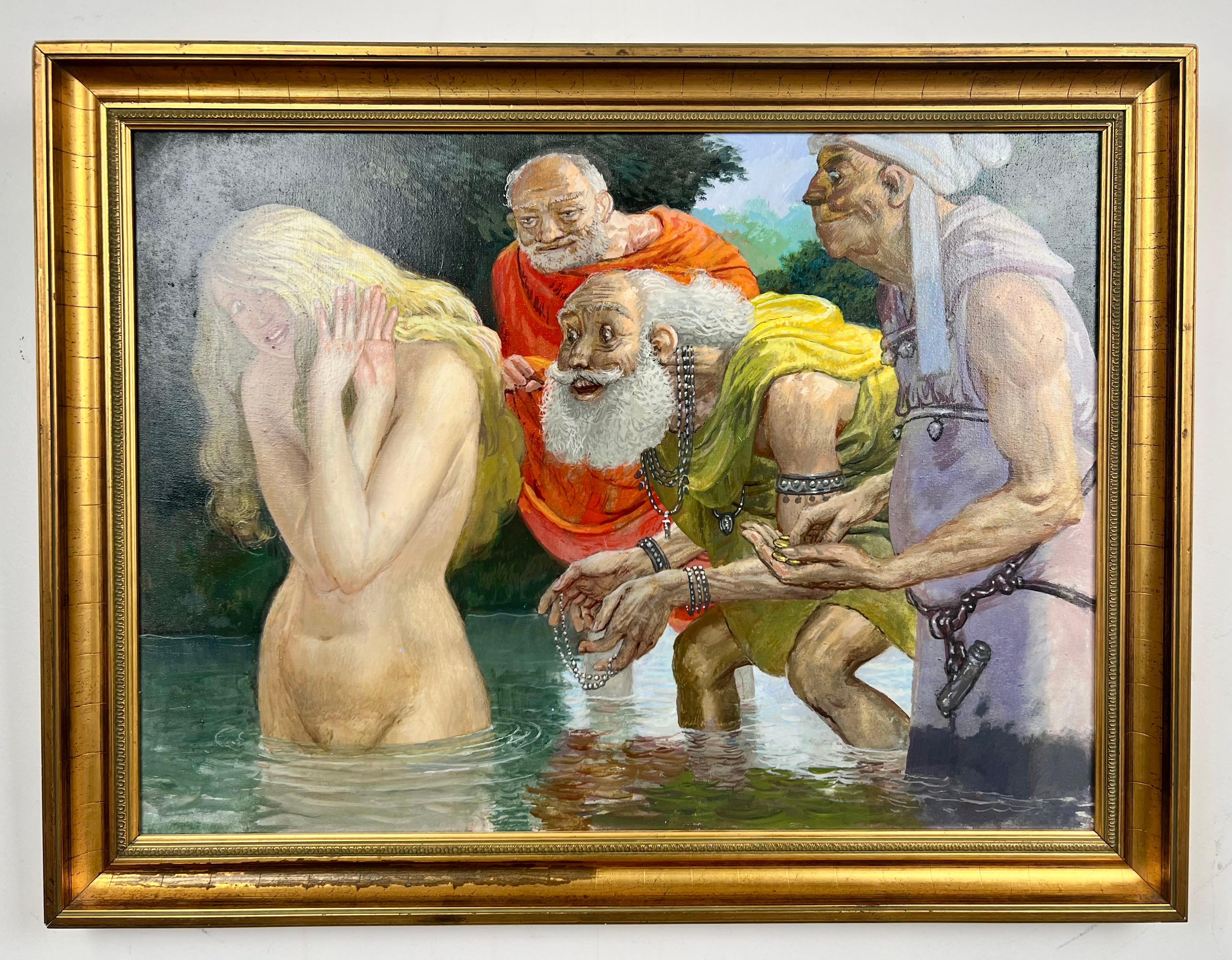 Mythological or Allegorical Scene w Bathing Female Figure Oil on Canvas, Framed