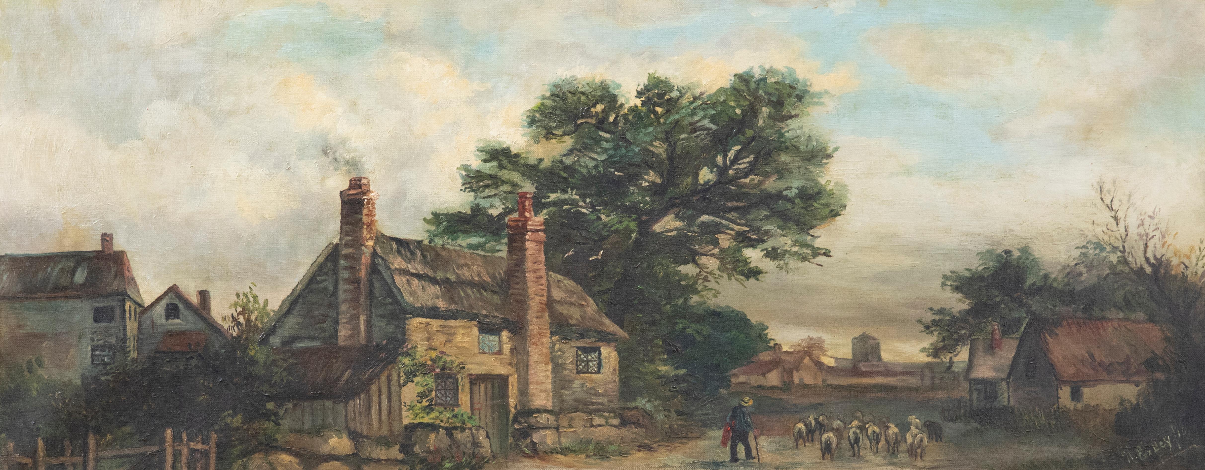 Unknown Landscape Painting – N. Exley – Driving Sheep, Ölgemälde, Shepard, frühes 20. Jahrhundert