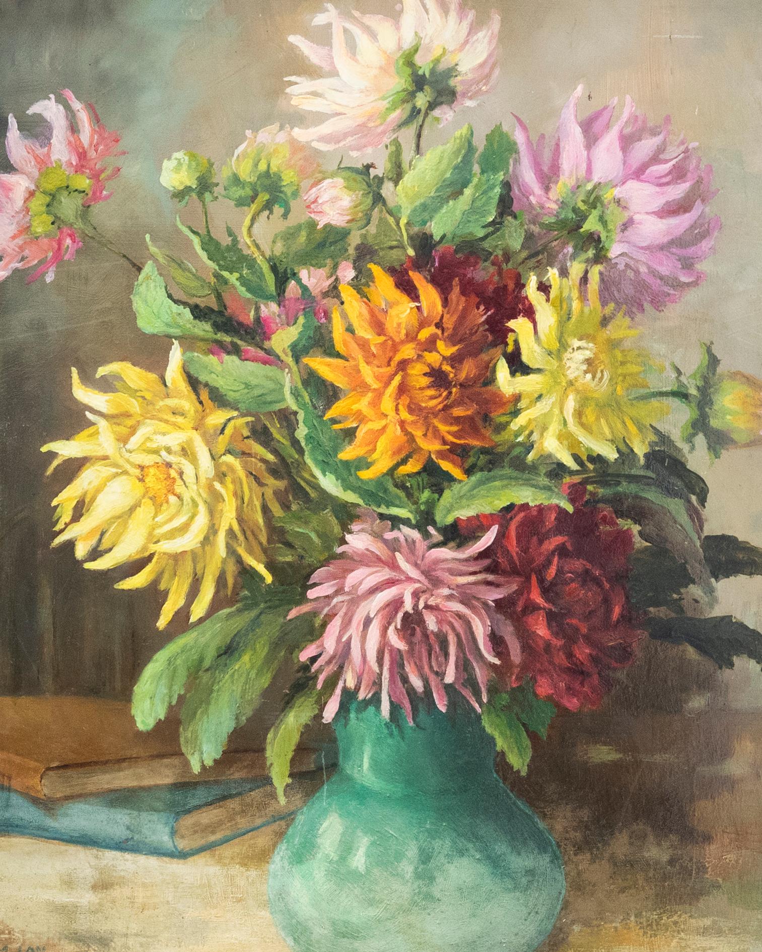 N. M. Lay - Framed Mid 20th Century Oil, Still Life of Dahlias - Painting by Unknown