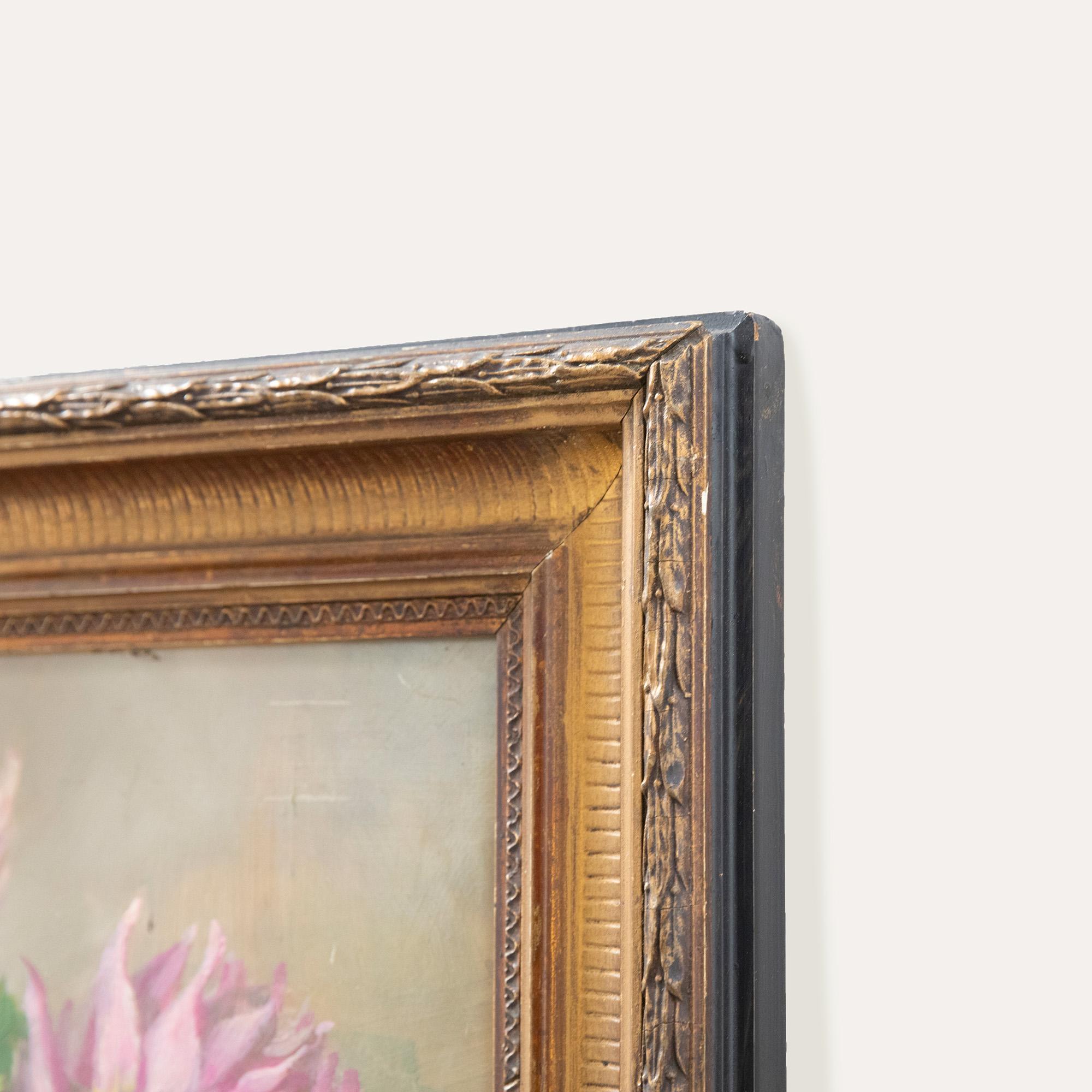 N. M. Lay - Framed Mid 20th Century Oil, Still Life of Dahlias For Sale 2