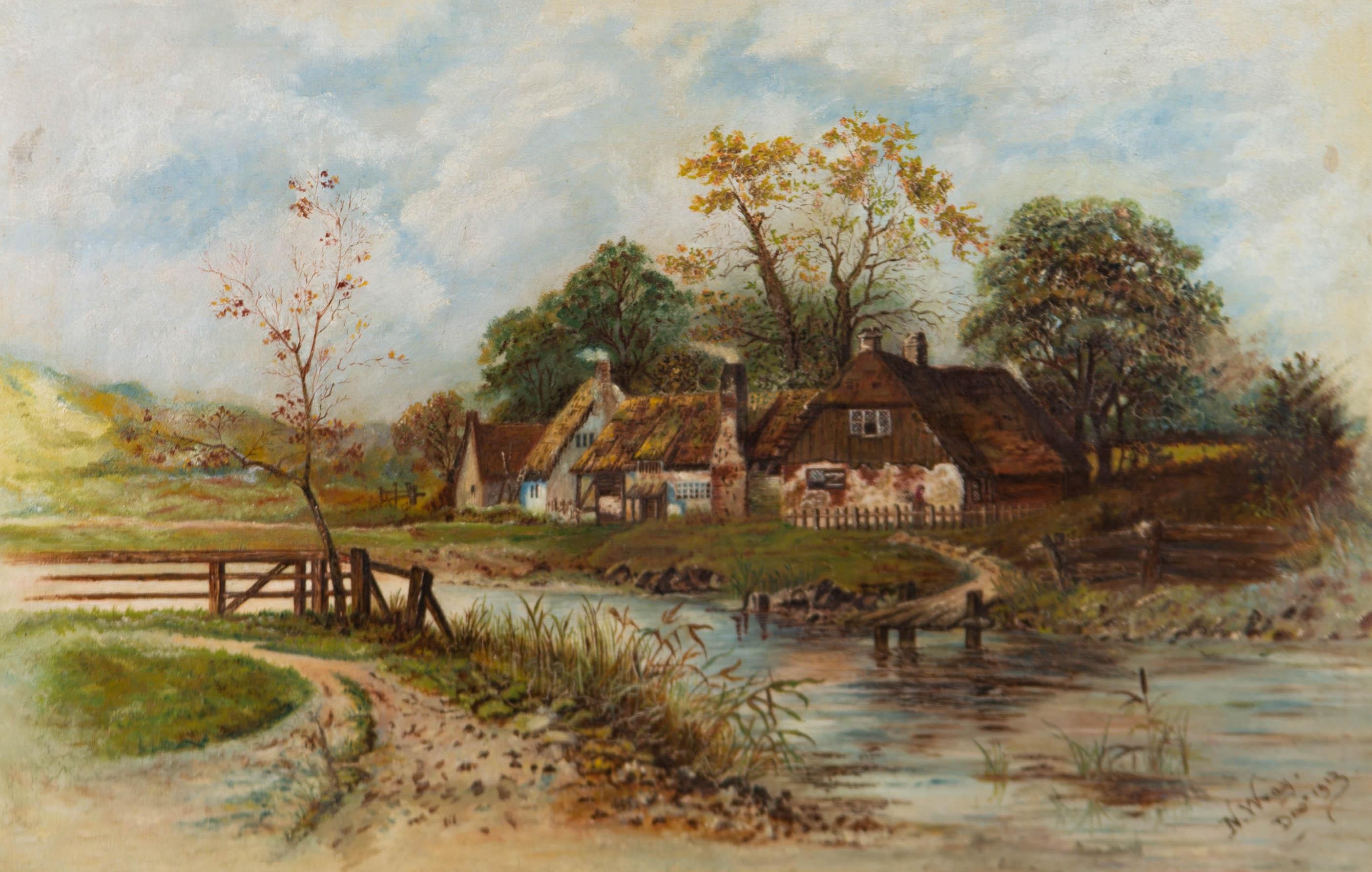 N. Wray - Signed & Framed 1913 Oil, Riverside Cottage - Painting by Unknown