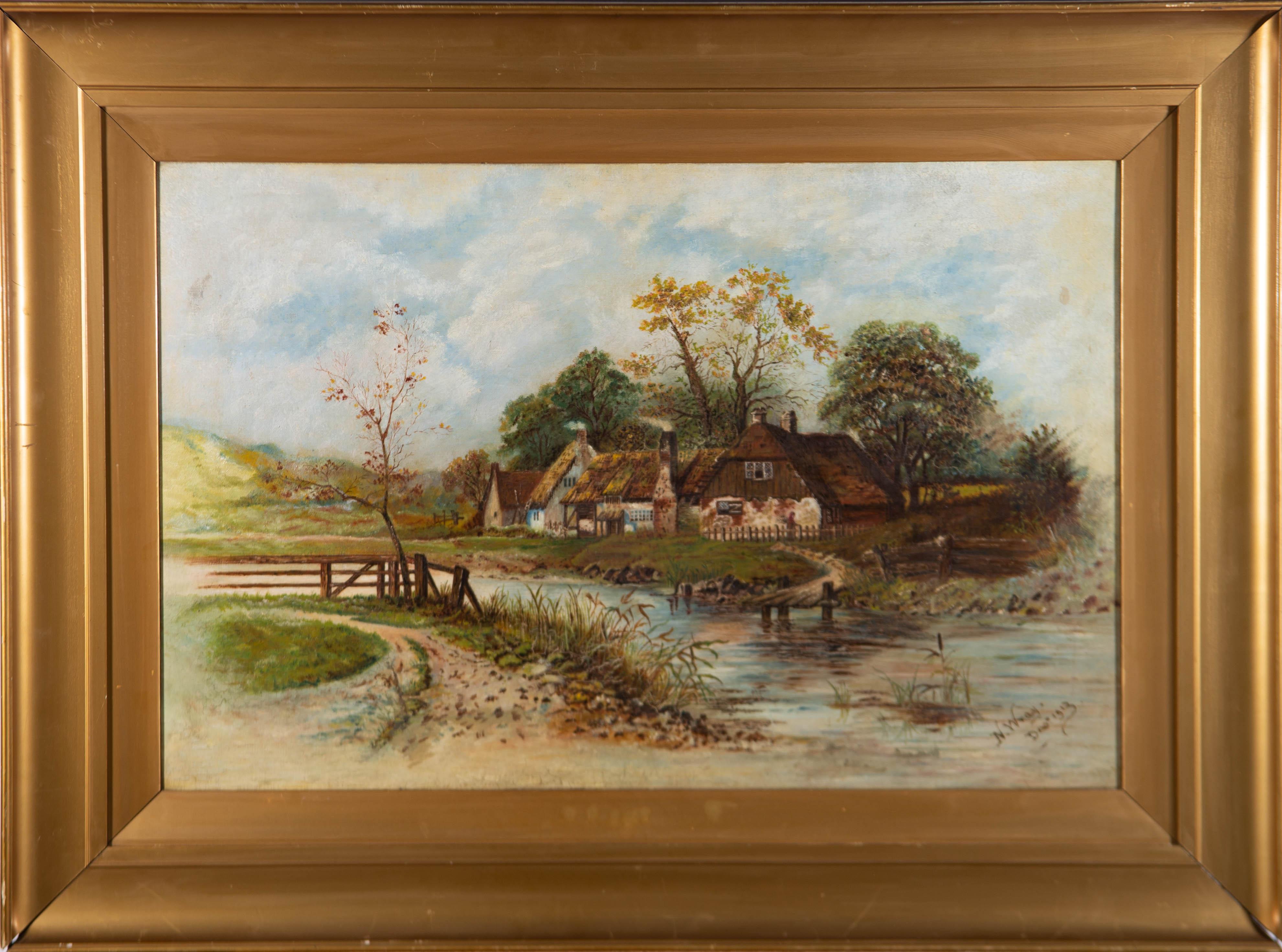 Unknown Landscape Painting - N. Wray - Signed & Framed 1913 Oil, Riverside Cottage