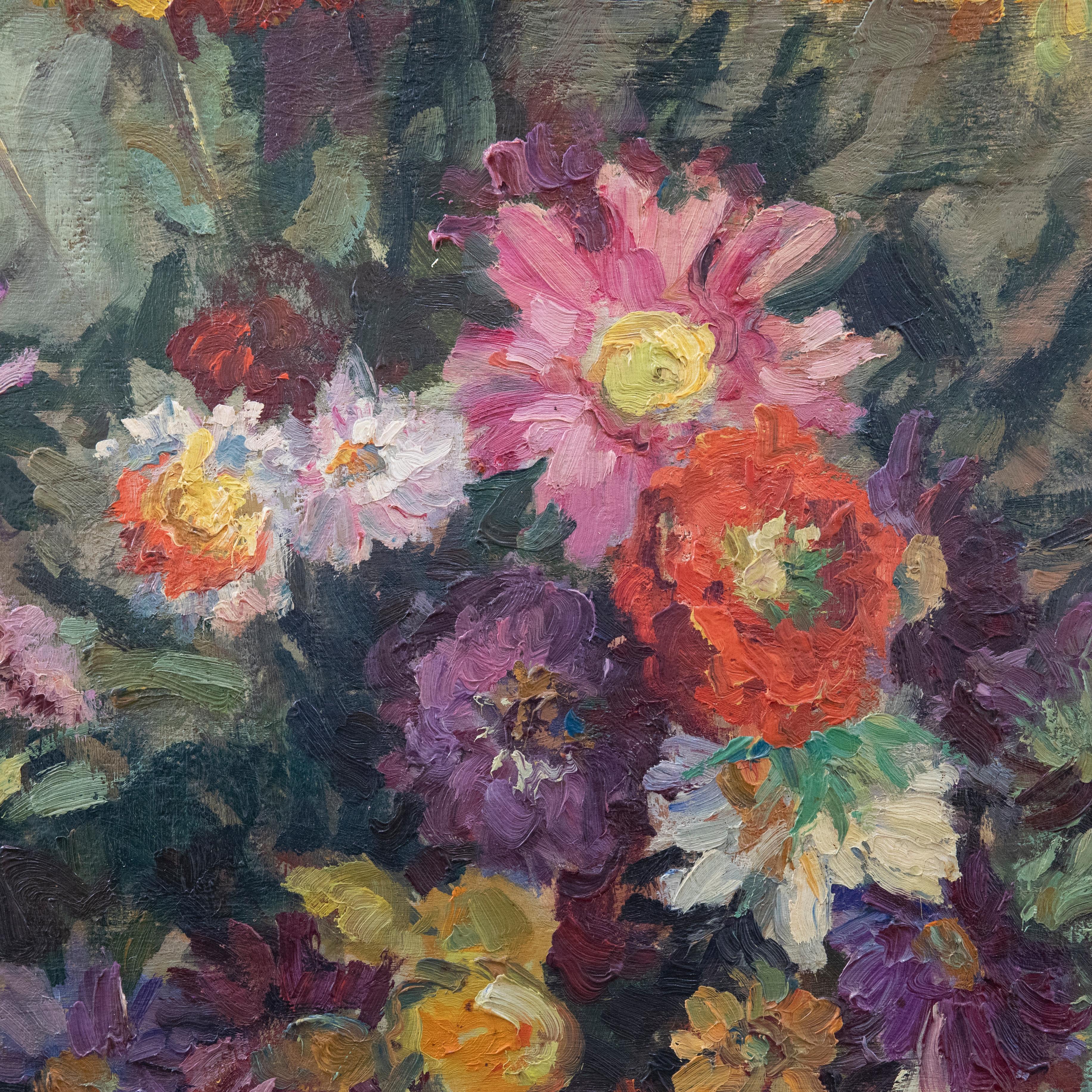 An exuberant still life of summer flowers arranged in a large copper vase. This fine composition clearly highlights the artist's proficiency in subject and medium. Signed to the lower right. On thin board. 