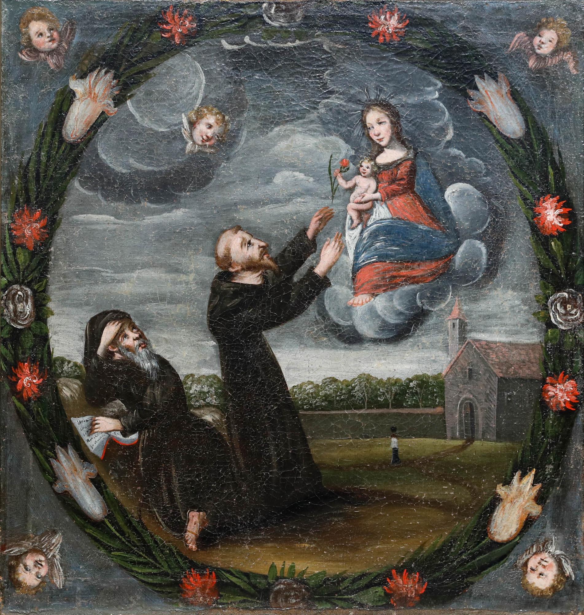 Naive 18th Century Oil - Mary and Child Appear Before Monks - Painting by Unknown