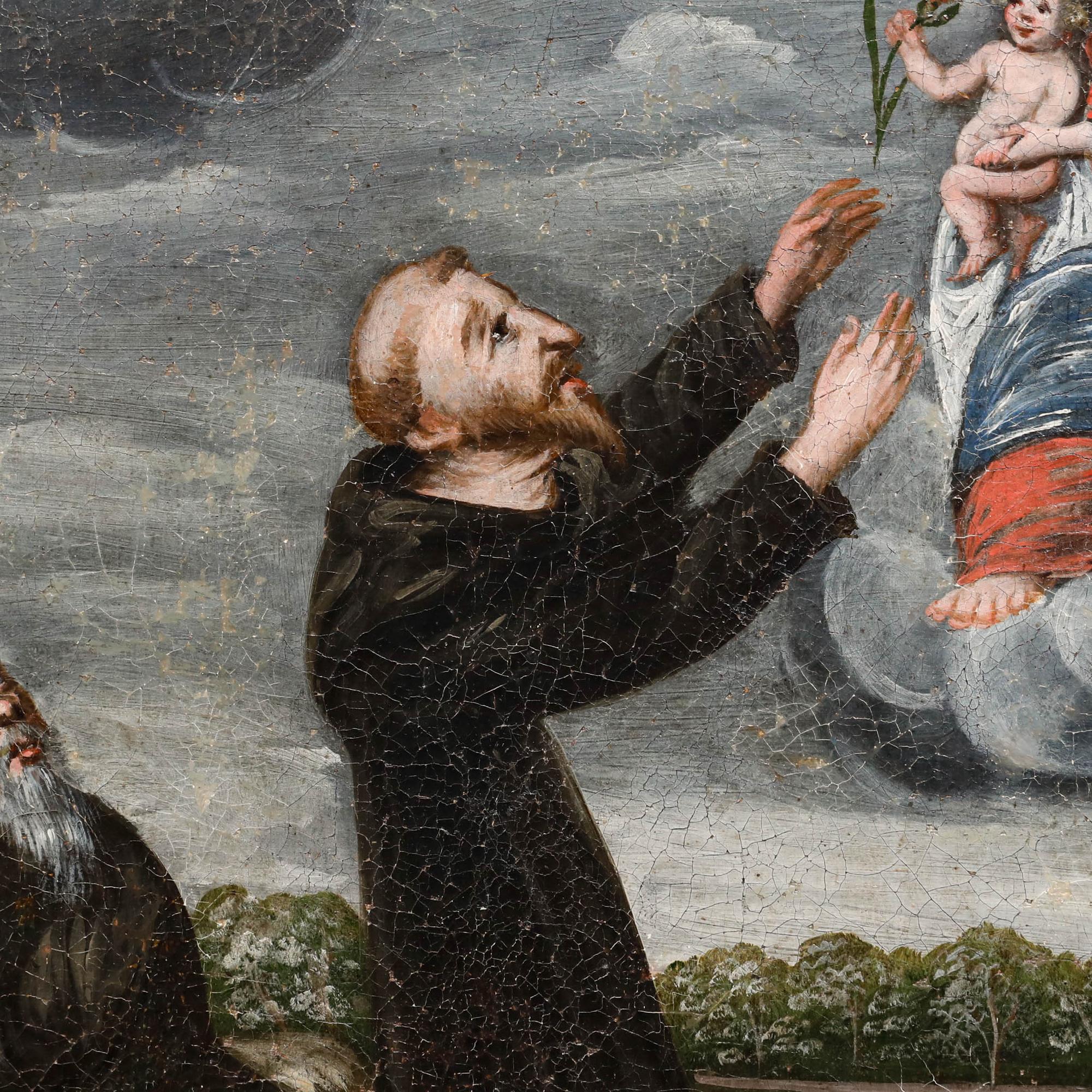 Naive 18th Century Oil - Mary and Child Appear Before Monks For Sale 1