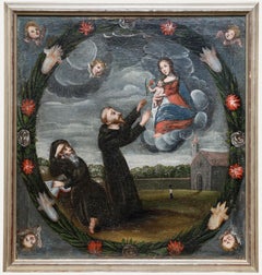 Naive 18th Century Oil - Mary and Child Appear Before Monks