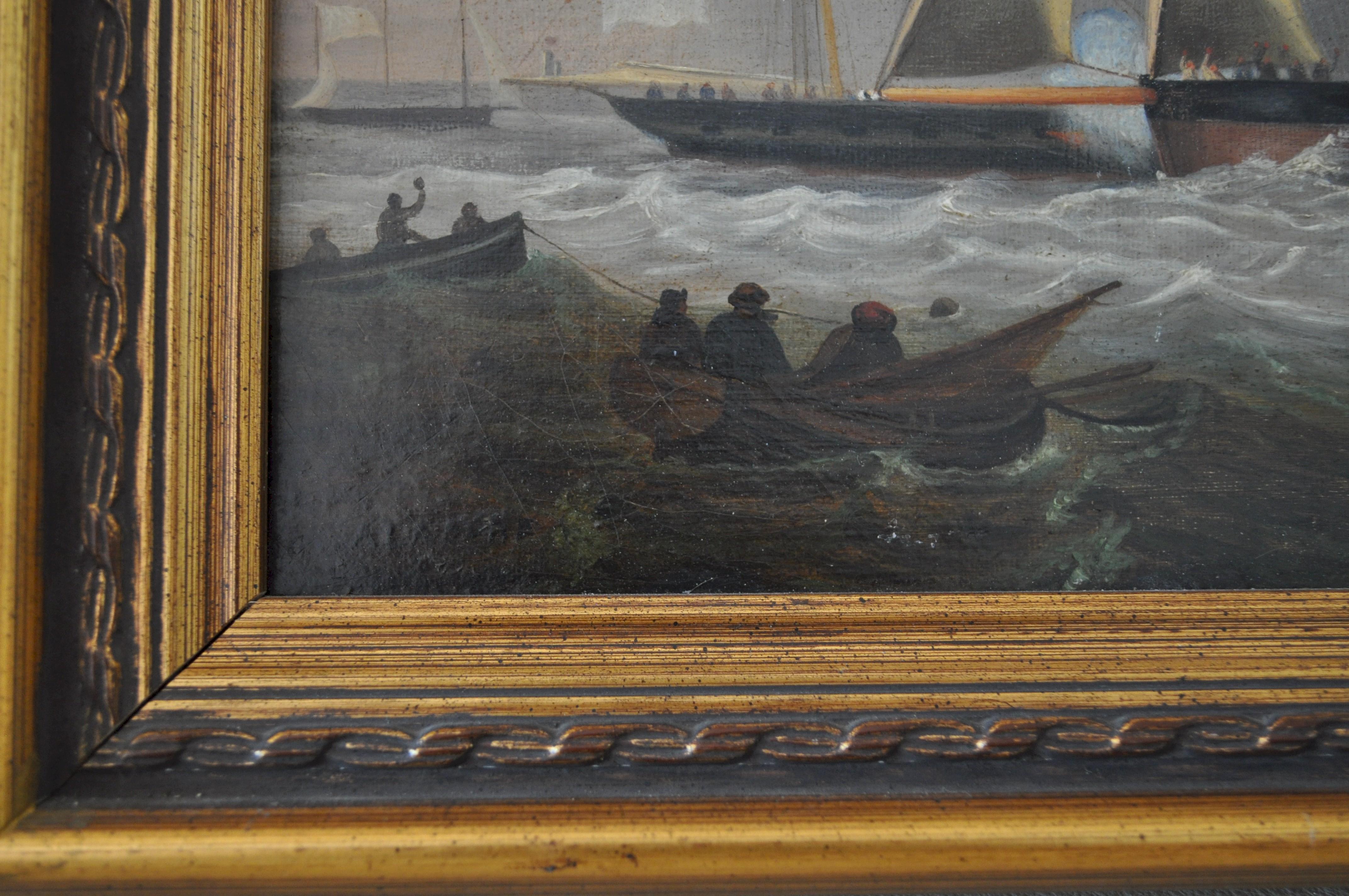 A naïve 19th century marine oil painting on canvas. This charming little picture is full of action, choppy seas under a stormy sky. A good entry level painting with which to start your maritime collection; a genuine 19th century painting for less